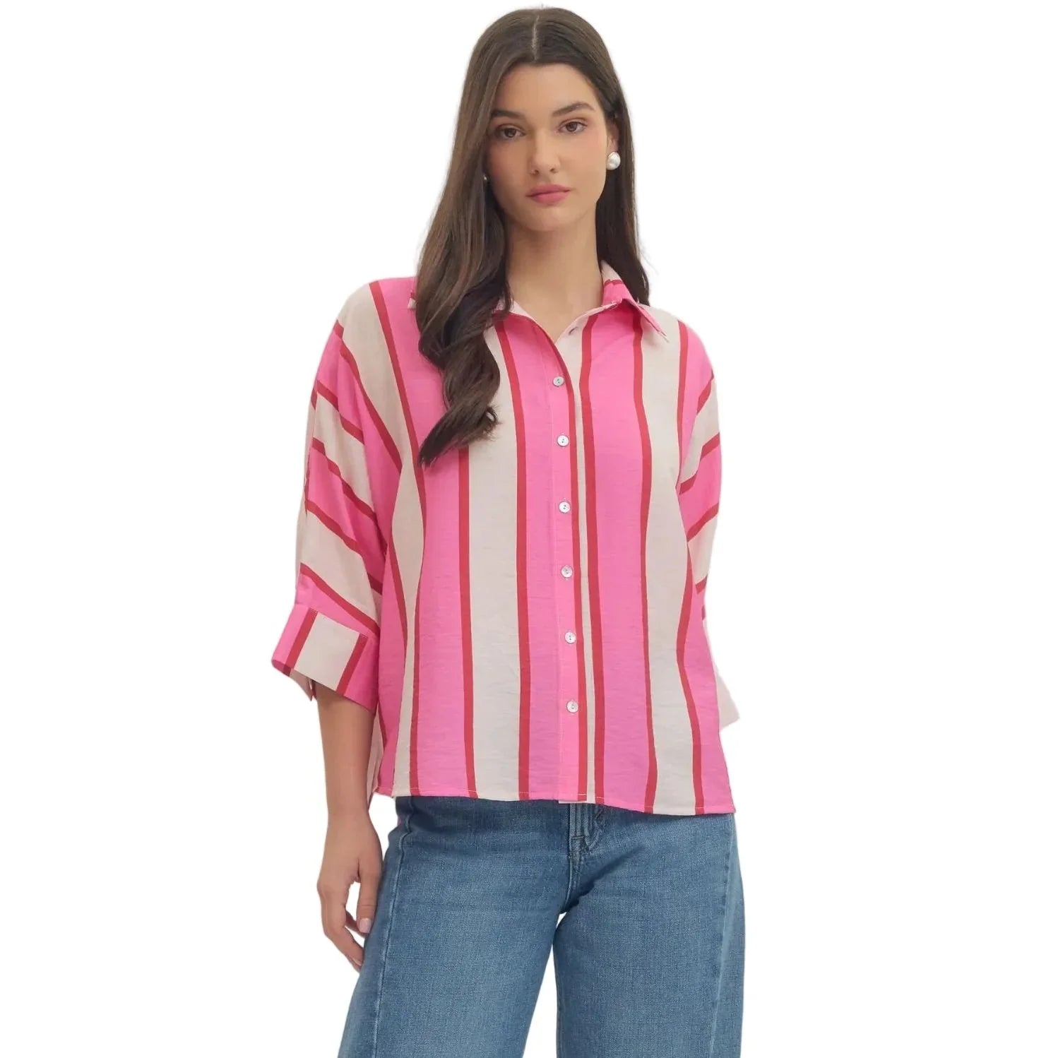 Women's Entro Pink and White Striped Button up 3/4 Sleeves Top T30989