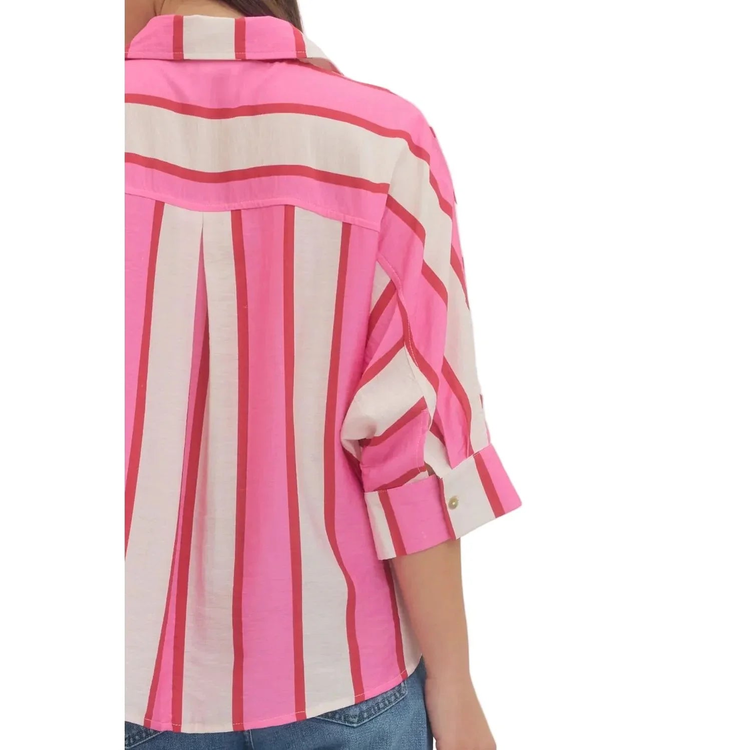 Women's Entro Pink and White Striped Button up 3/4 Sleeves Top T30989