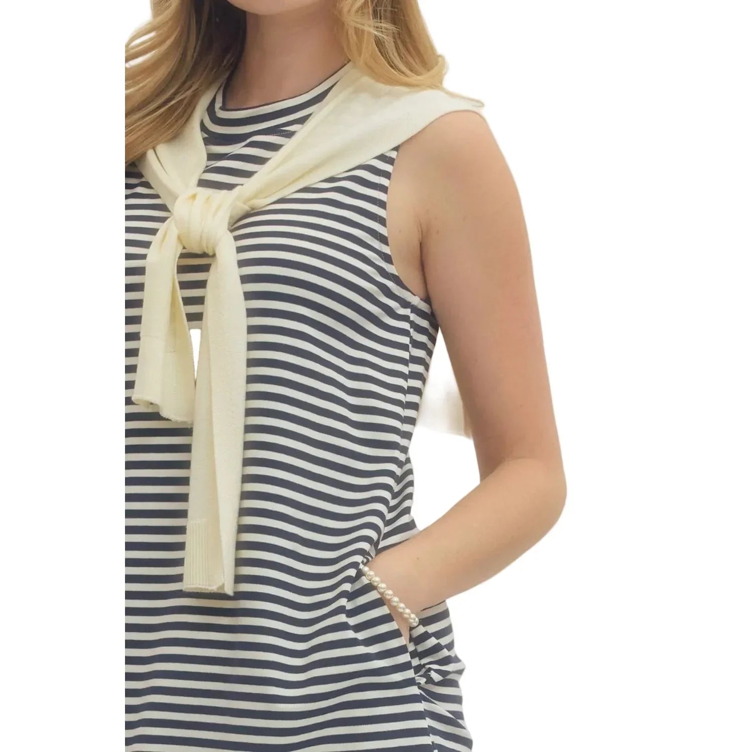 Women's Entro Sleeveless Striped Dress With Knit Scarf Attached D30174