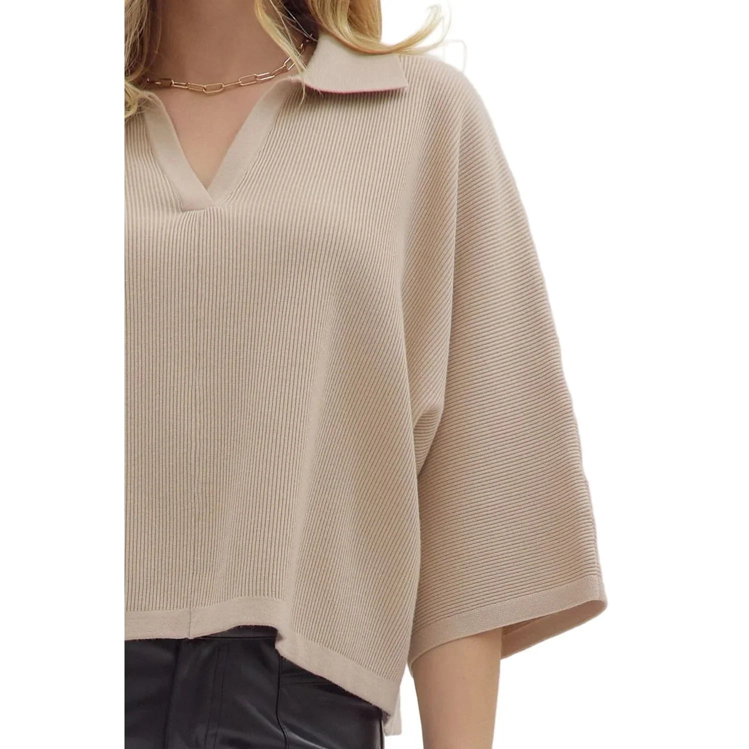Women's Entro Stone Solid Sleeve Knit V-neck Top