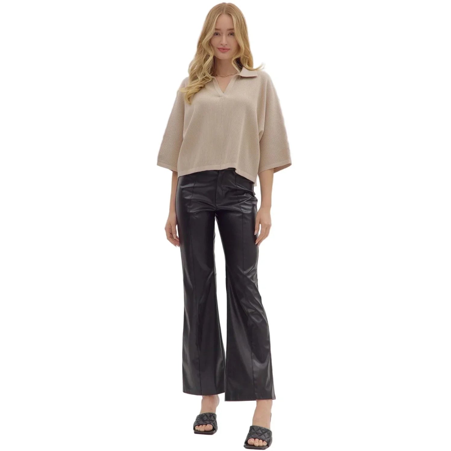 Women's Entro Stone Solid Sleeve Knit V-neck Top