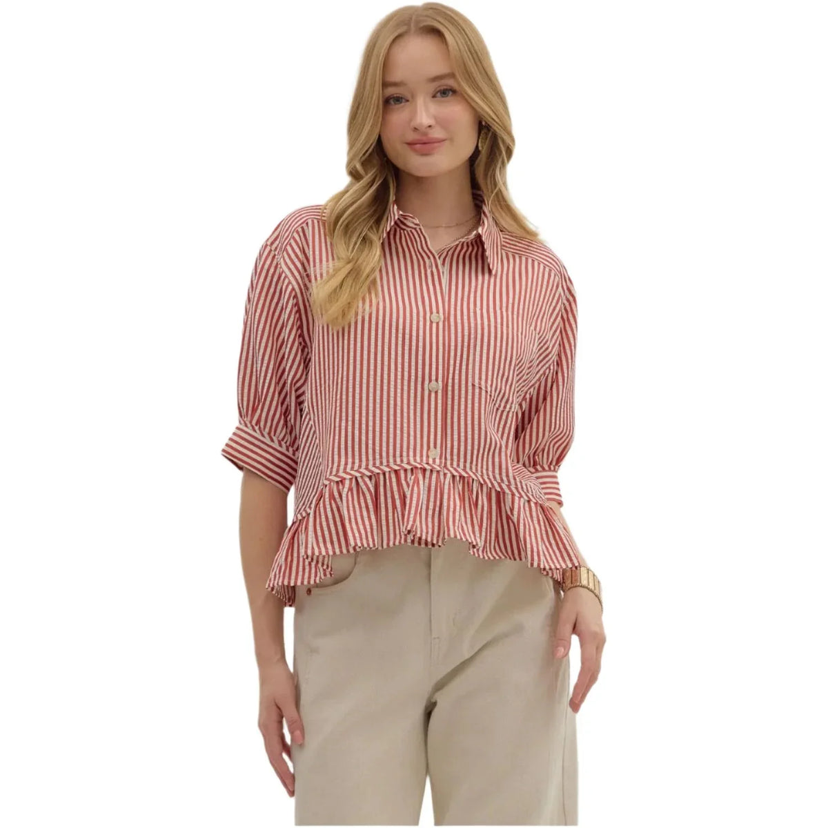 Women's Entro Stripe Patterned Ruffle Blouse T27230 - Crazy House Western Wear