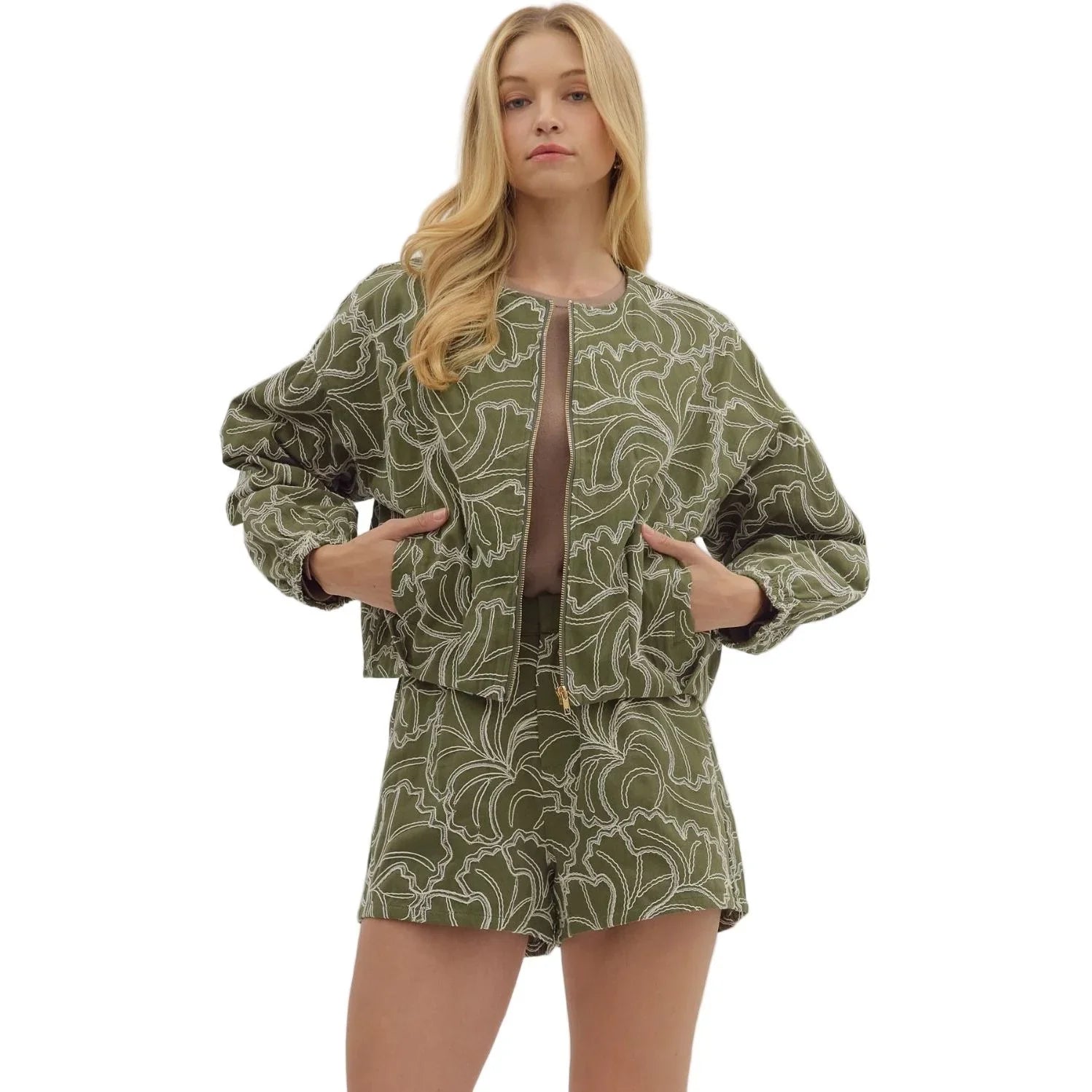 Women's Entro Textured Long Sleeve Zip Up Olive Jacket J27996