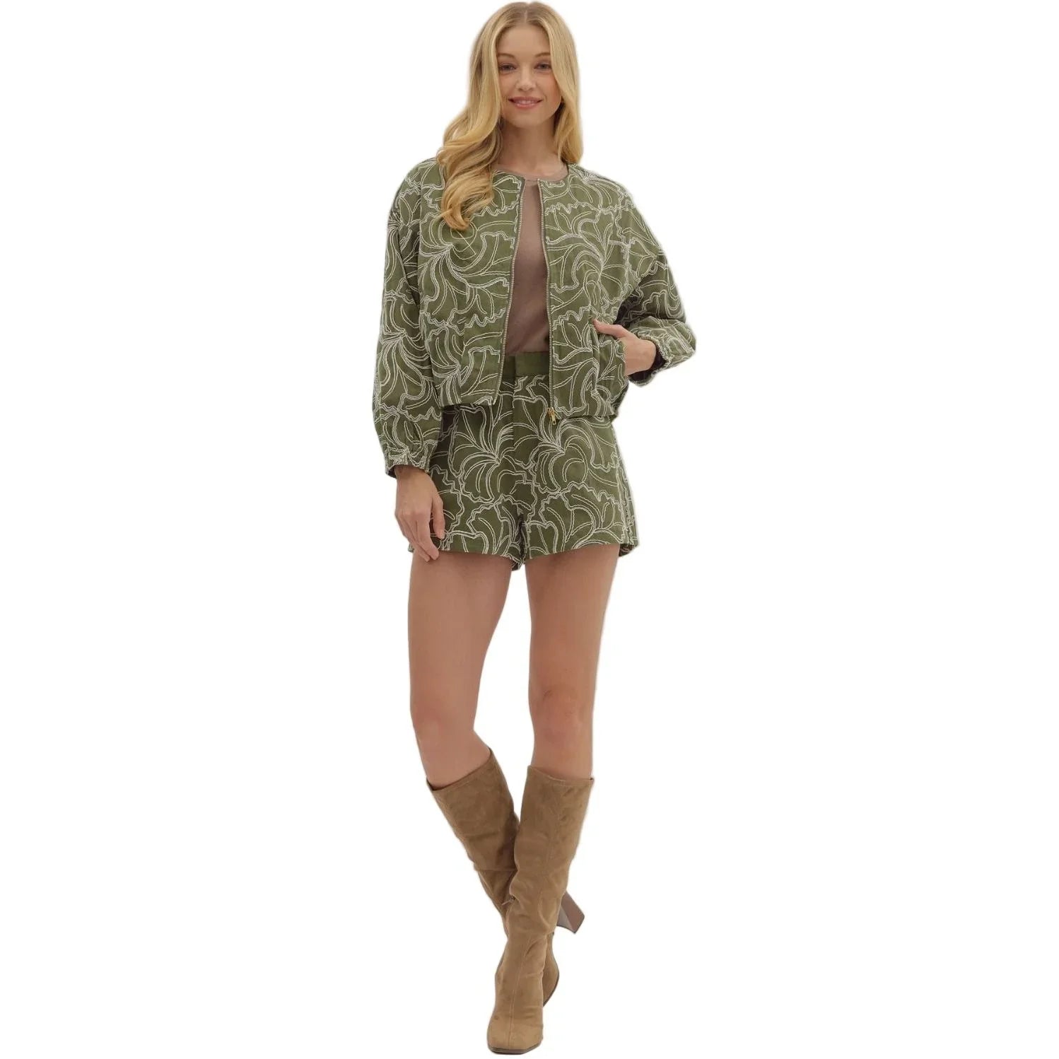 Women's Entro Textured Long Sleeve Zip Up Olive Jacket J27996