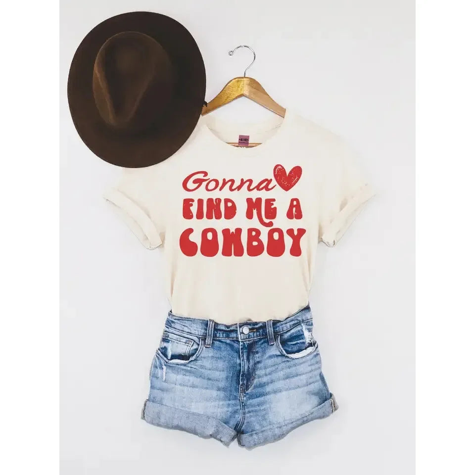 Women's "Find Me A Cowboy" White and Red T-shirt - Crazy House Western Wear