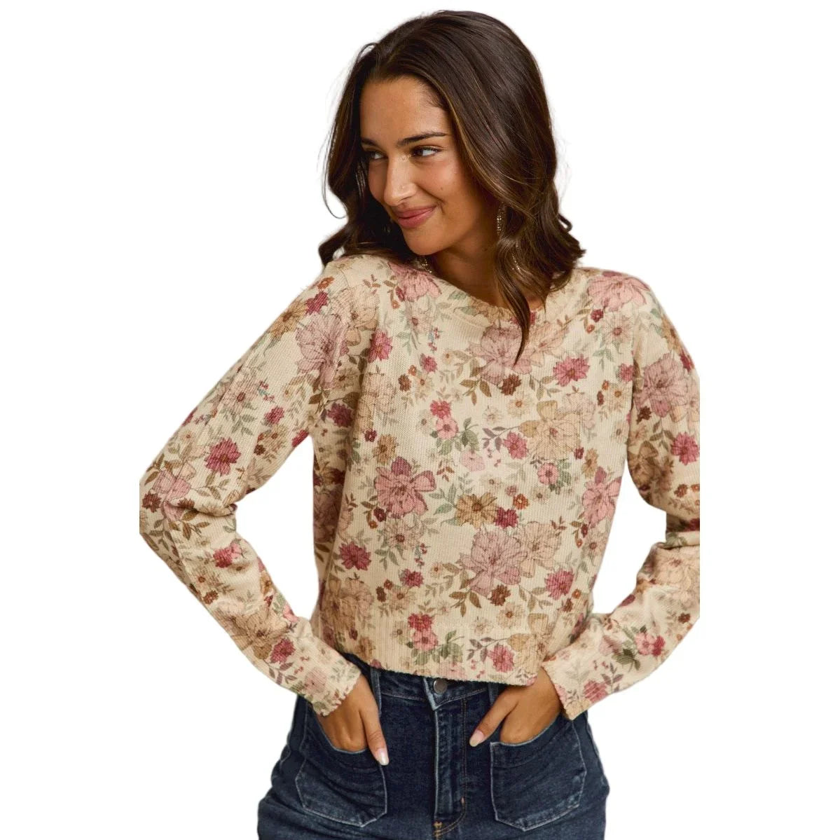 Women's Floral Crew Neck Long Sleeves Sweater Knit Top ST3677F-01