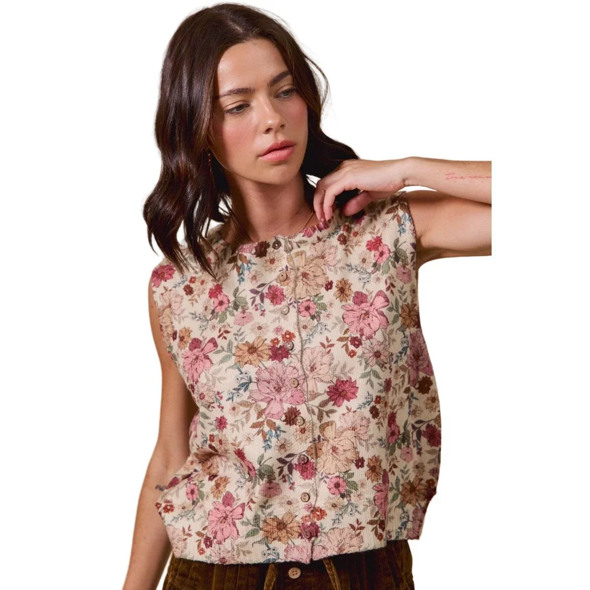 Women's Floral Print Button Sweater Vest