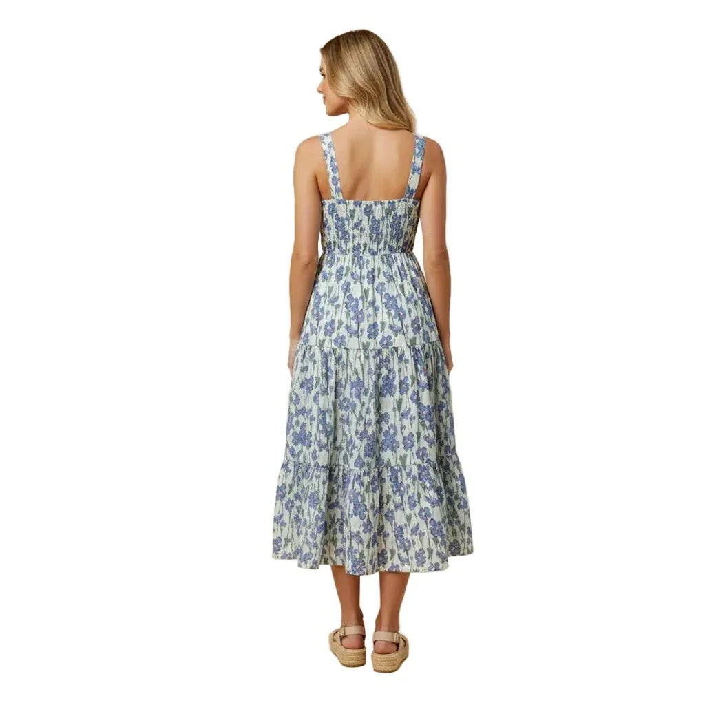 Women's Floral Print Pleat Detail Sleeveless Poplin Dress HY3001