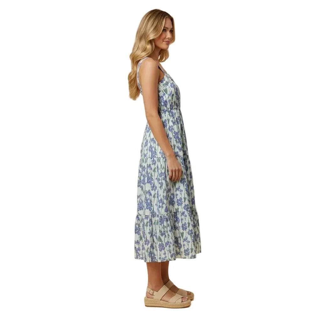Women's Floral Print Pleat Detail Sleeveless Poplin Dress HY3001