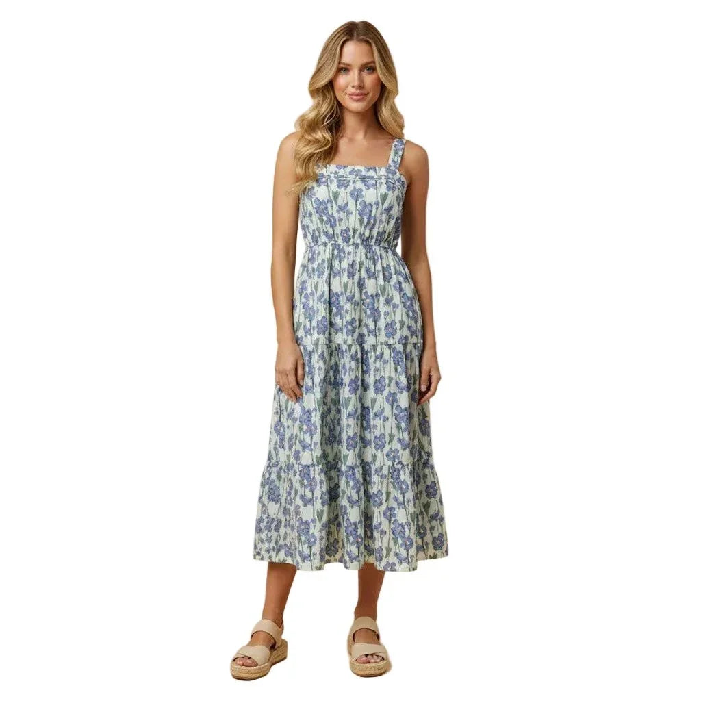 Women's Floral Print Pleat Detail Sleeveless Poplin Dress HY3001