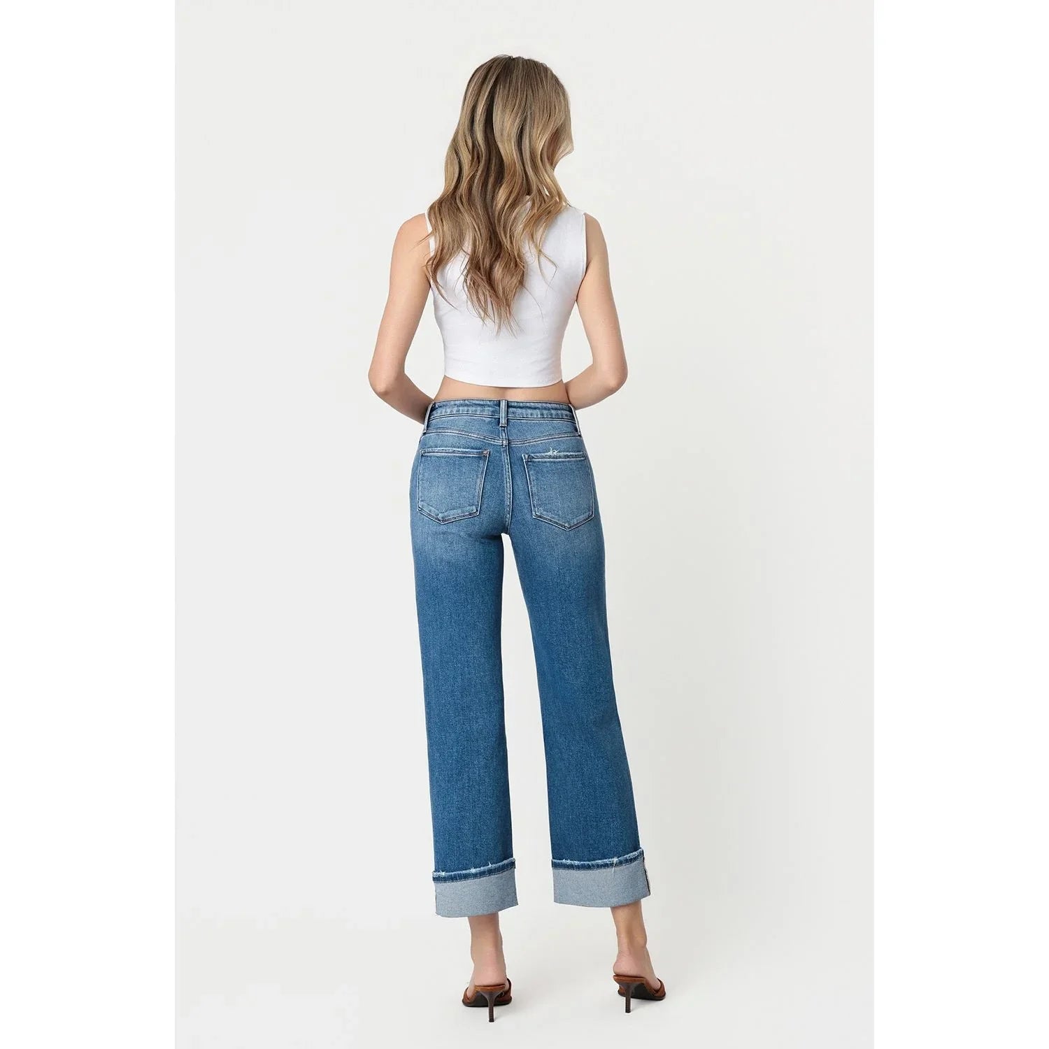 Women's Flying Monkey High Rise Medium Dark Wash Cuffed Slim Wide Jeans F5992