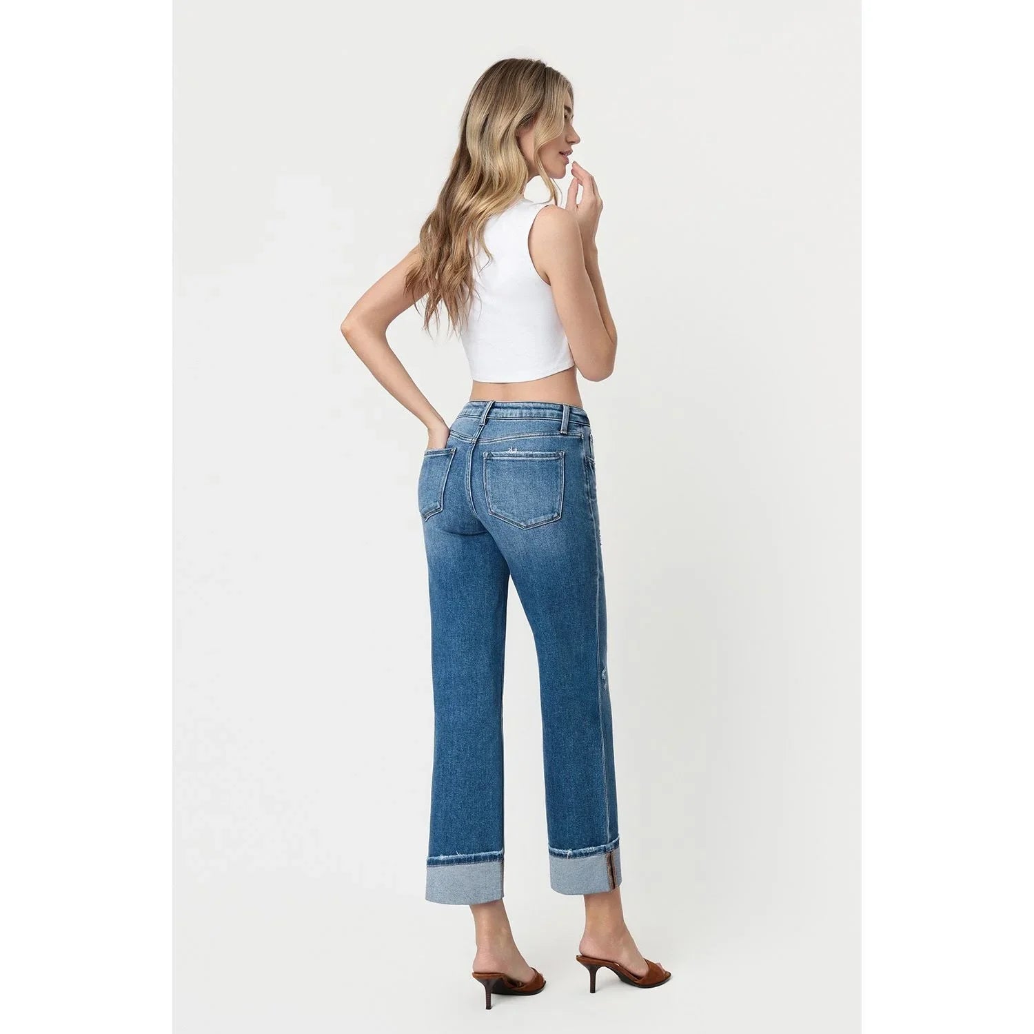 Women's Flying Monkey High Rise Medium Dark Wash Cuffed Slim Wide Jeans F5992