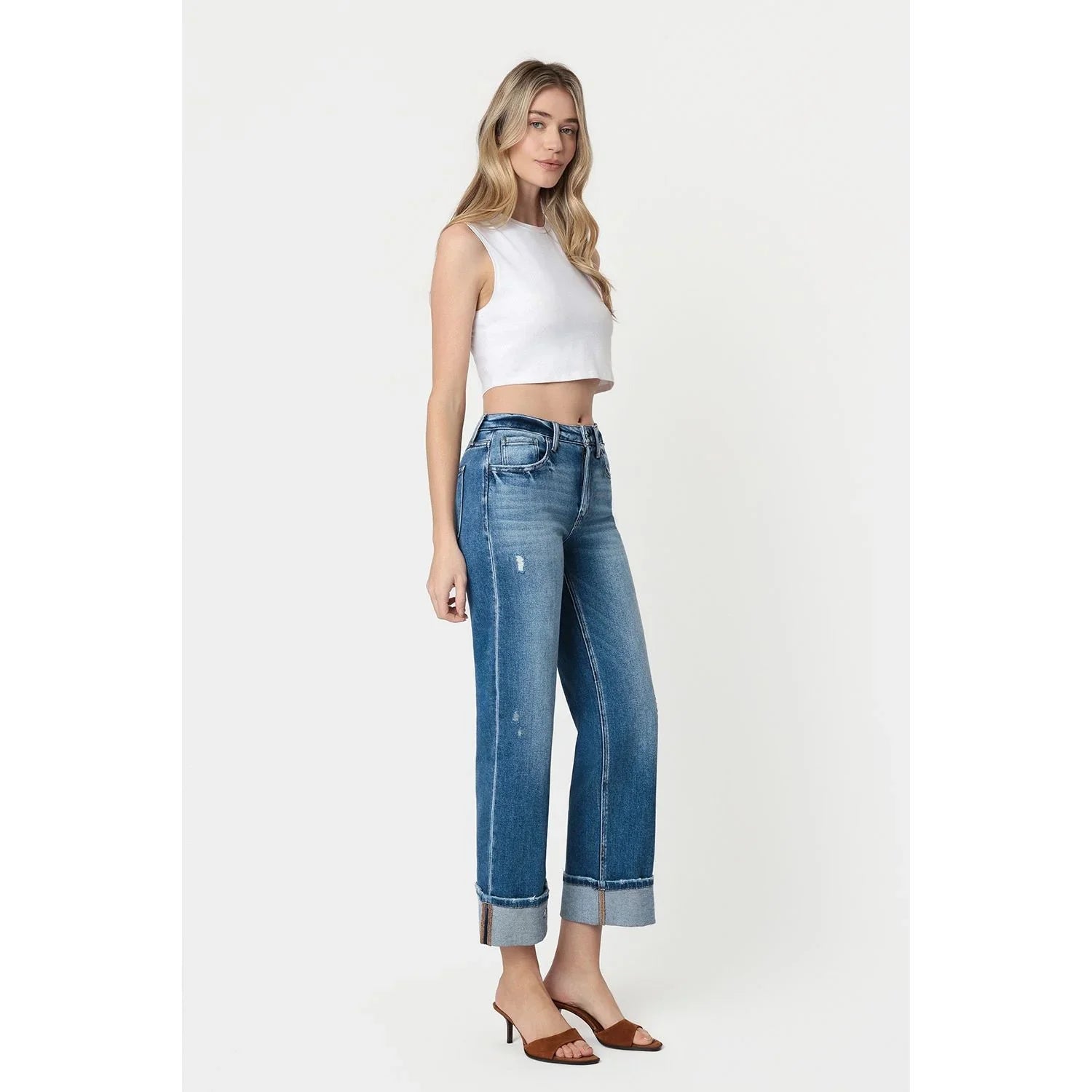 Women's Flying Monkey High Rise Medium Dark Wash Cuffed Slim Wide Jeans F5992