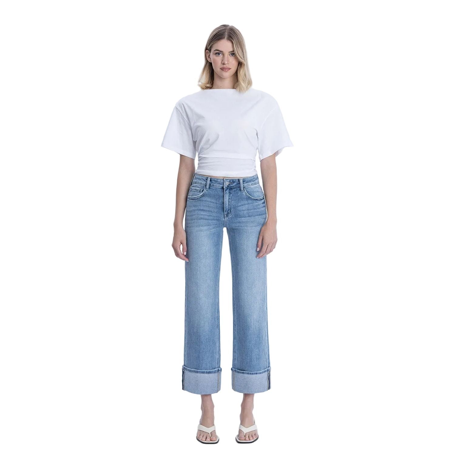 Women's Flying Monkey High Rise Medium Light Wash Cuffed Slim Wide Jeans F6061