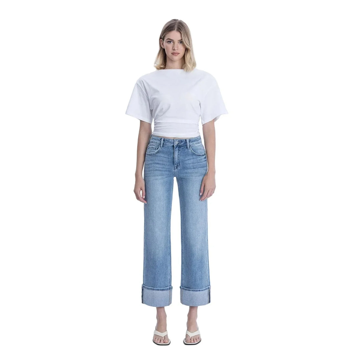 Women's Flying Monkey High Rise Medium Light Wash Cuffed Slim Wide Jeans F6061