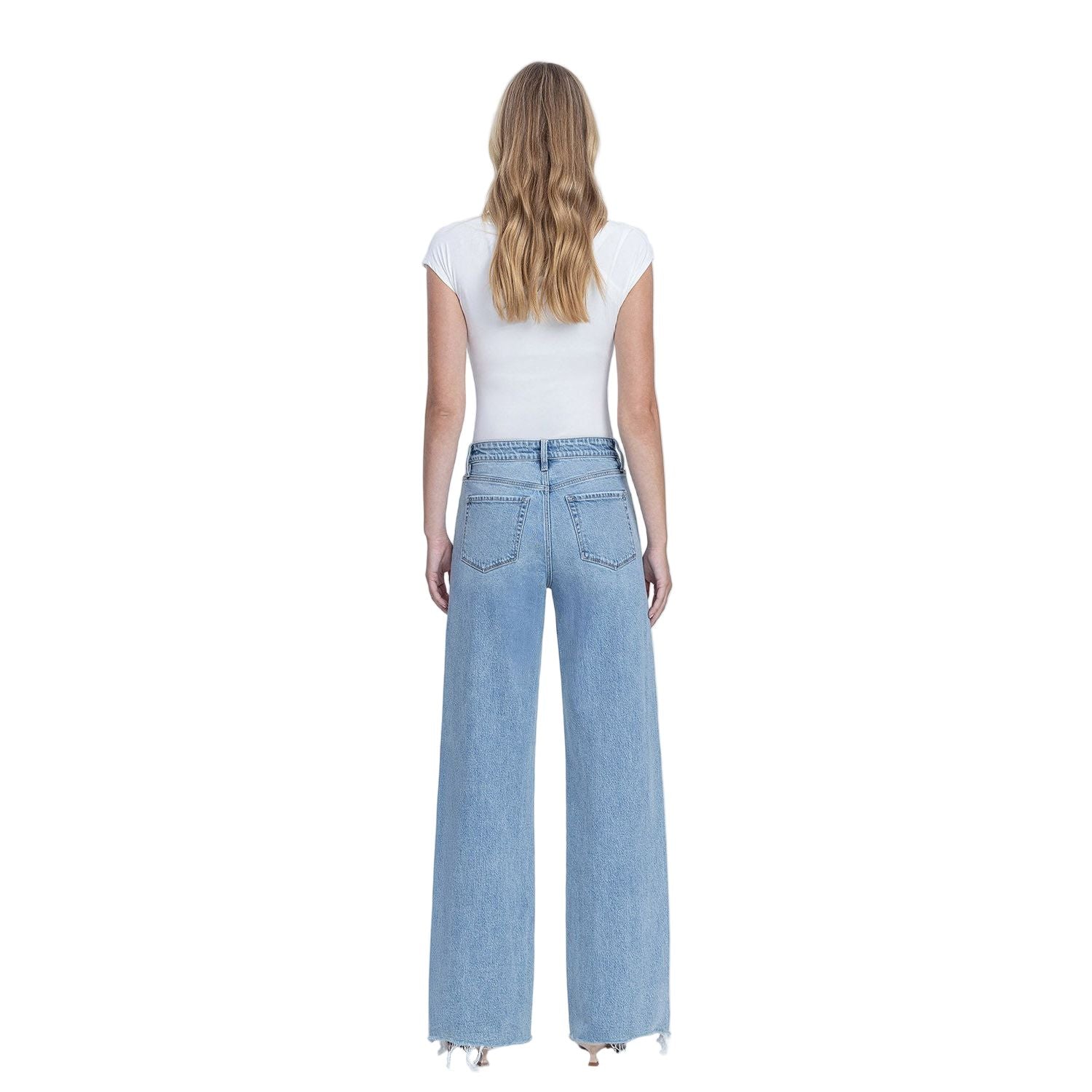 Women's Flying Monkey High Rise Medium Light Wash Raw Hem Wide Jeans F9053