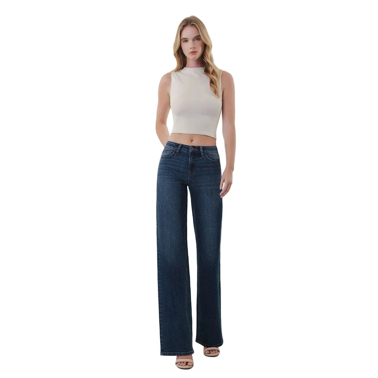 Women's Flying Monkey Mid Rise Full Length Dark Wash Wide Leg Jeans F6334