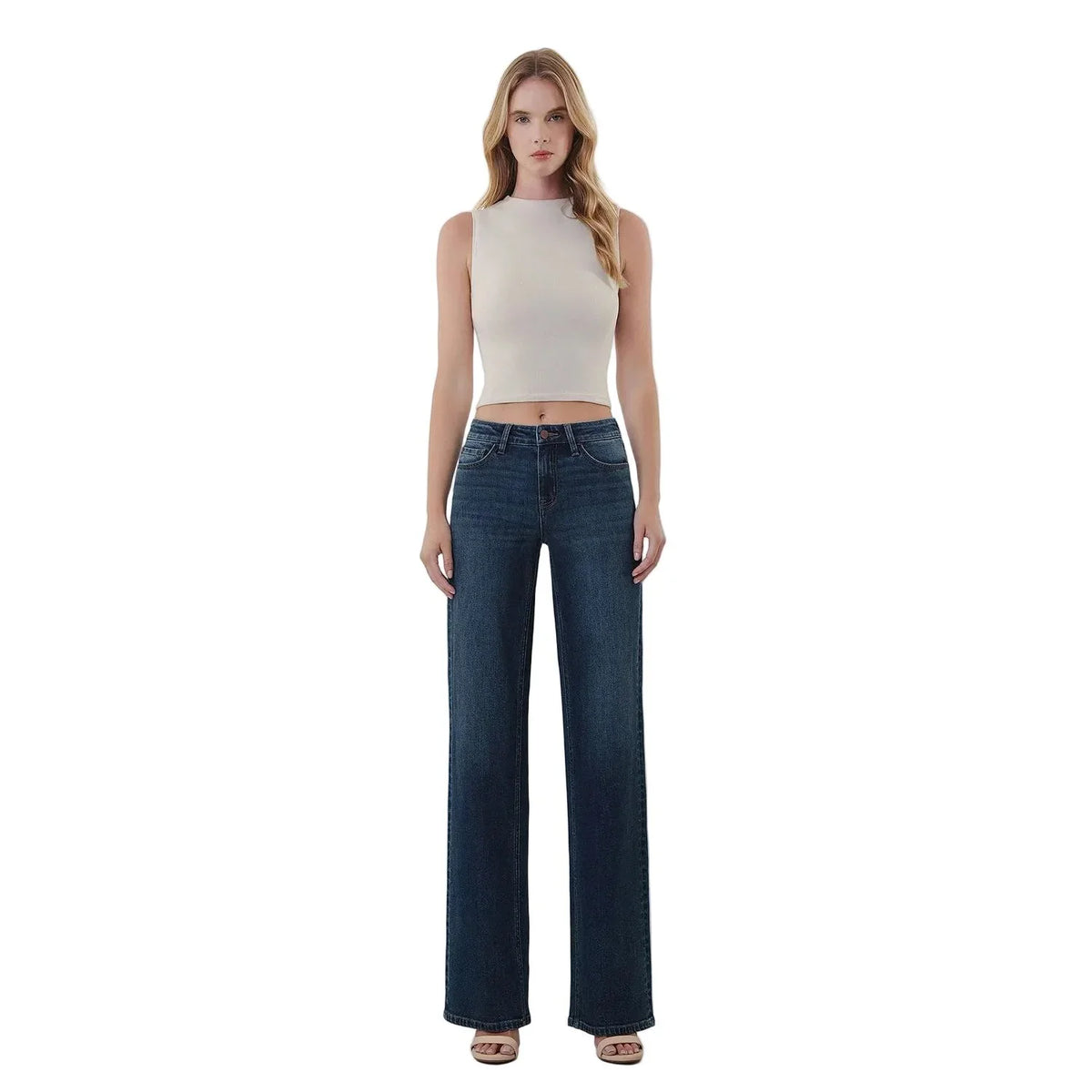 Women's Flying Monkey Mid Rise Full Length Dark Wash Wide Leg Jeans F6334