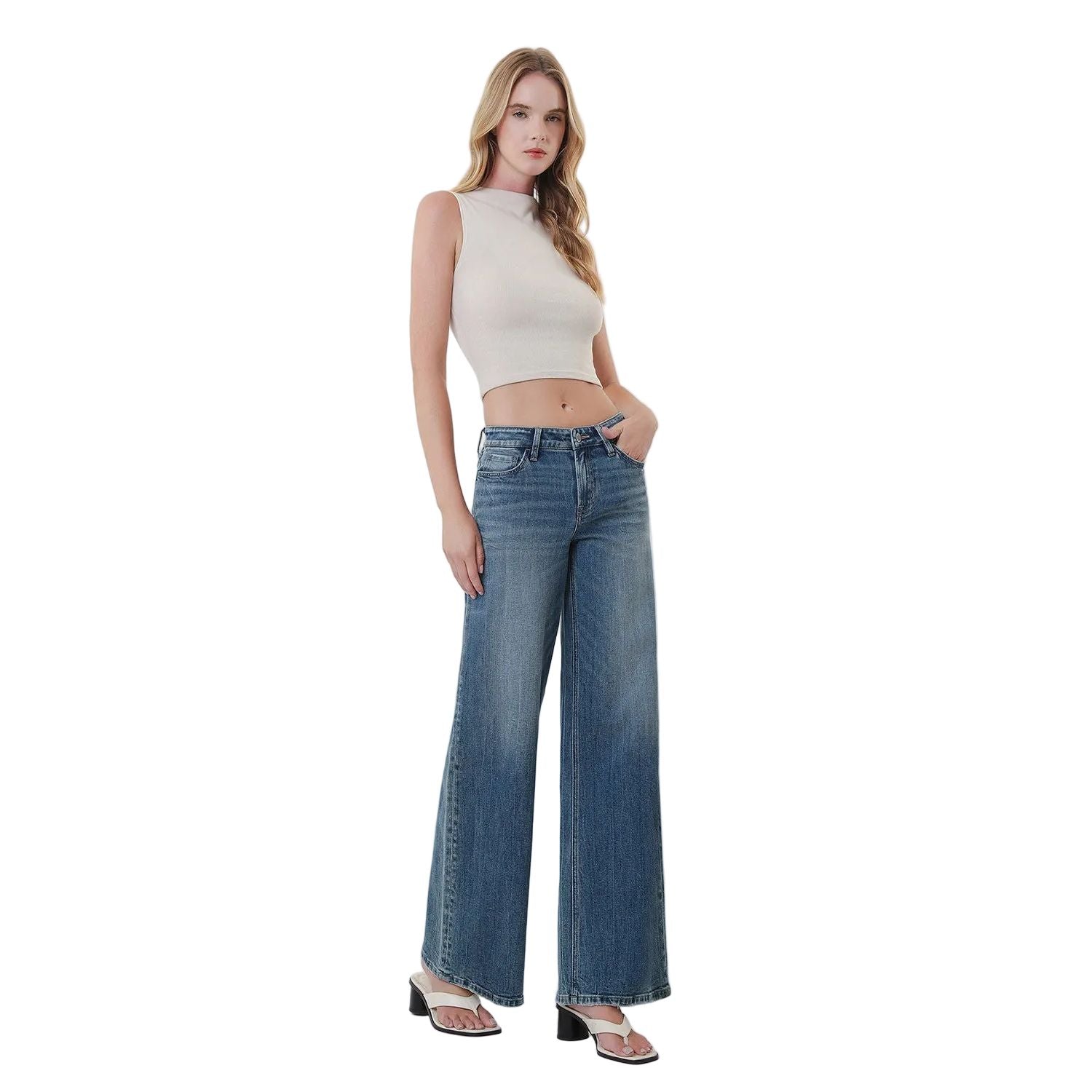 Women's Flying Monkey Mid Rise Medium Dark Wash Wide Leg Jeans F6408