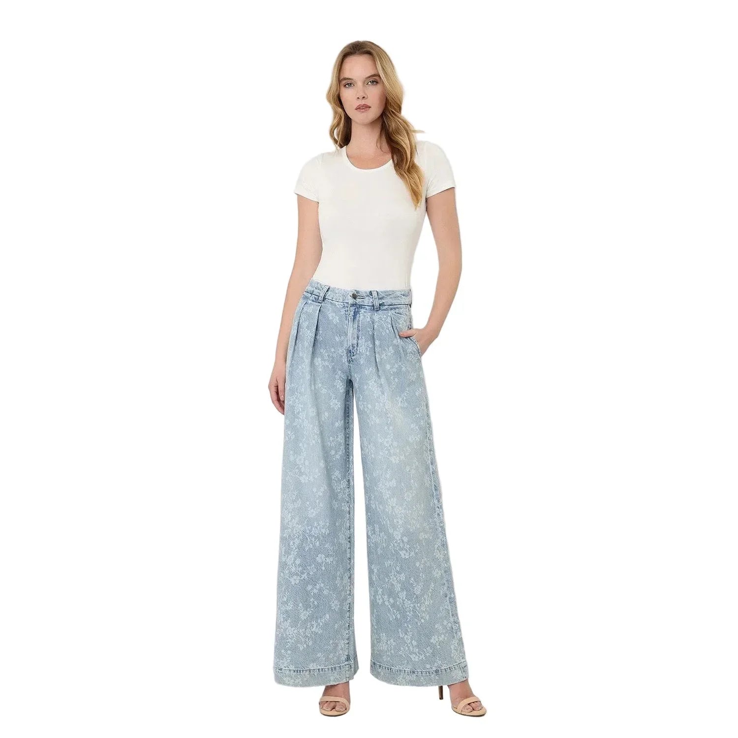 Women's Flying Monkey Super High Rise Floral Print Pleated Wide Leg Jean F9160SFP
