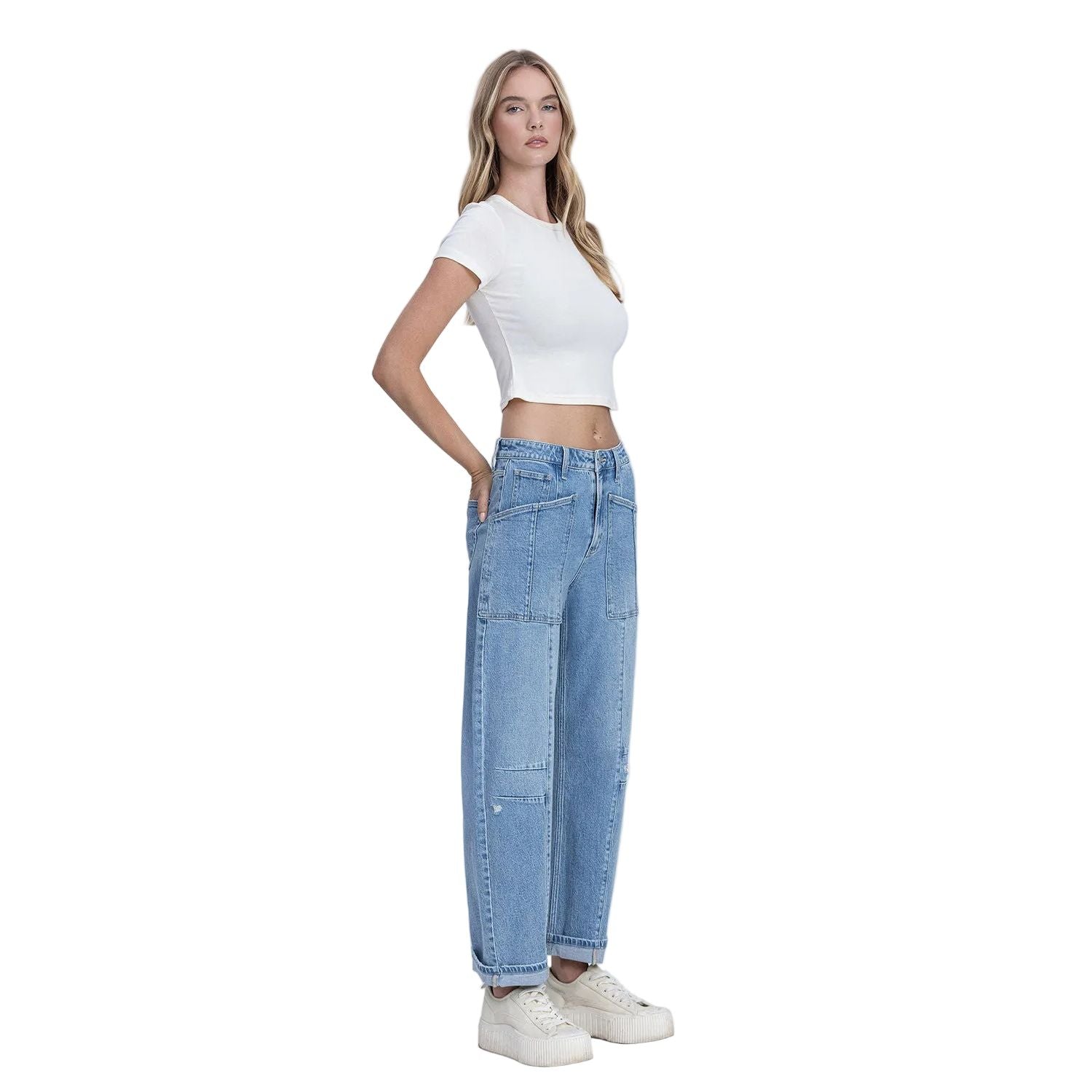 Women's Flying Monkey Super High Rise Patch Pocket Cuffed Barrel Jeans F9134