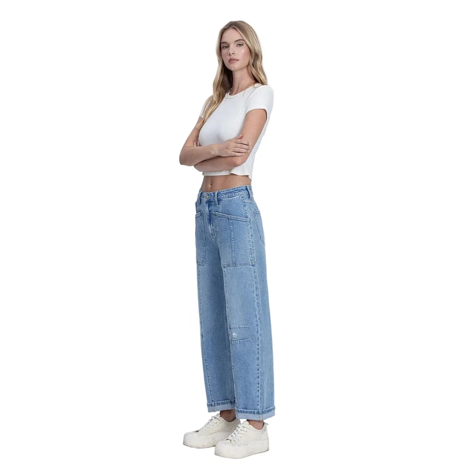 Women's Flying Monkey Super High Rise Patch Pocket Cuffed Barrel Jeans F9134