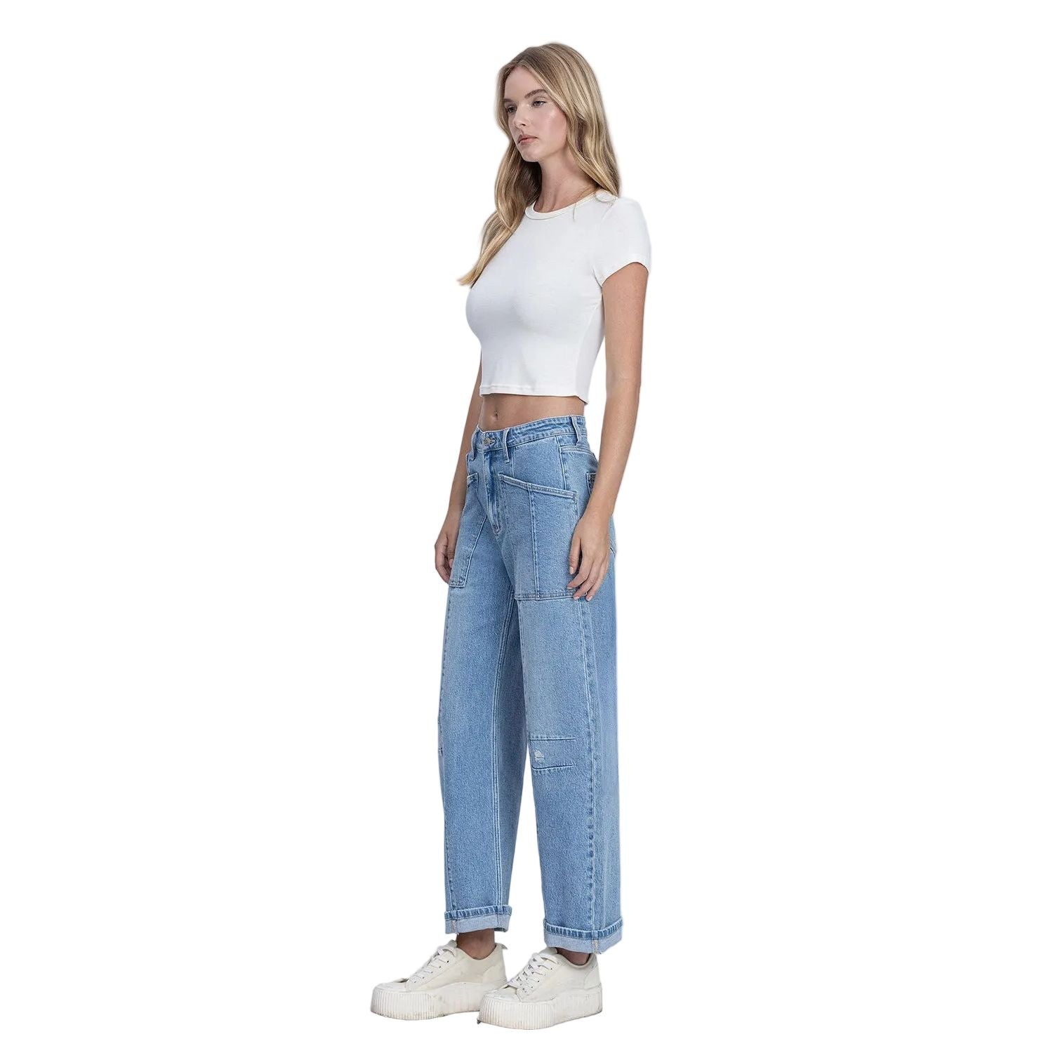 Women's Flying Monkey Super High Rise Patch Pocket Cuffed Barrel Jeans F9134