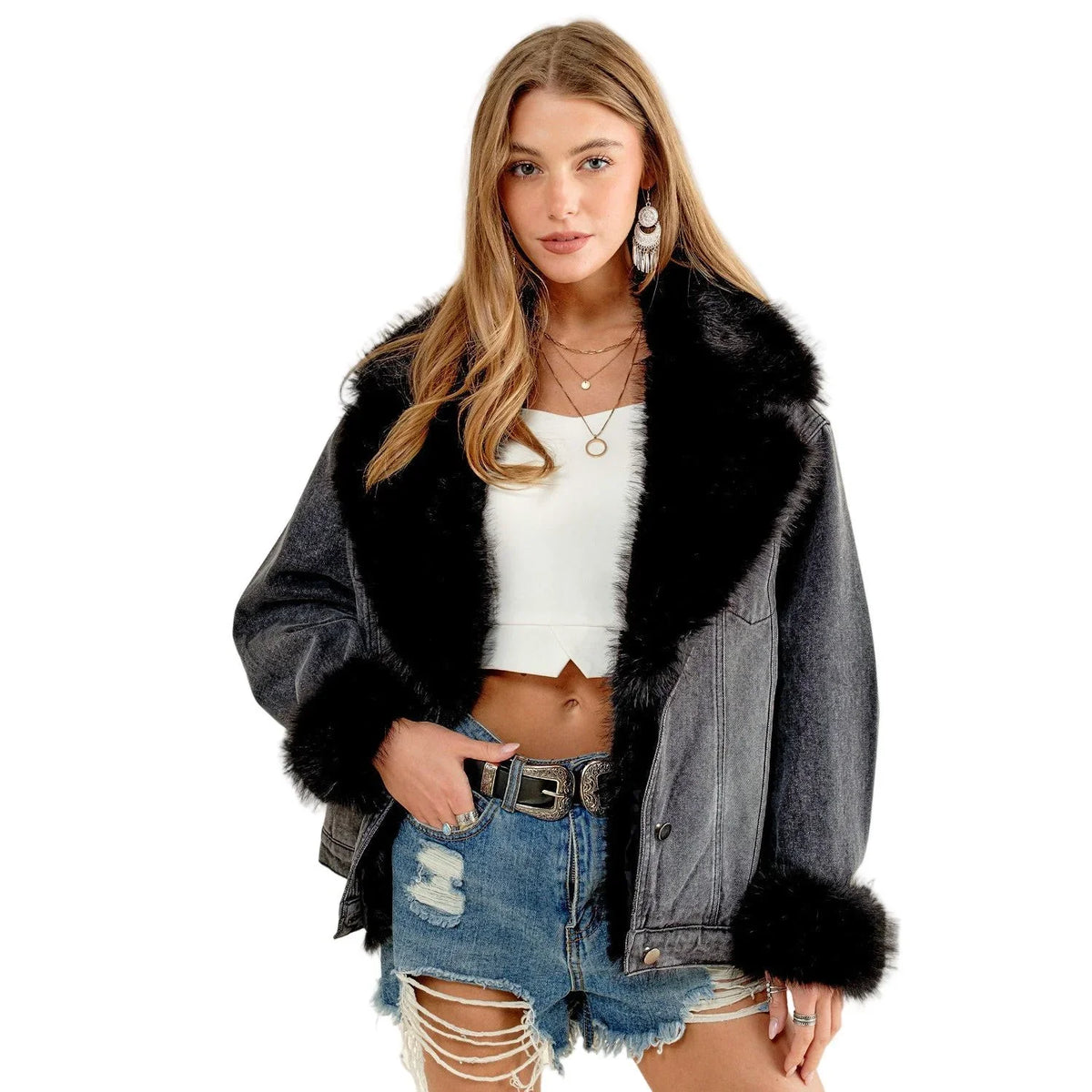 Women's Fur Collard Cuff Over Sized Denim Jacket 15121J