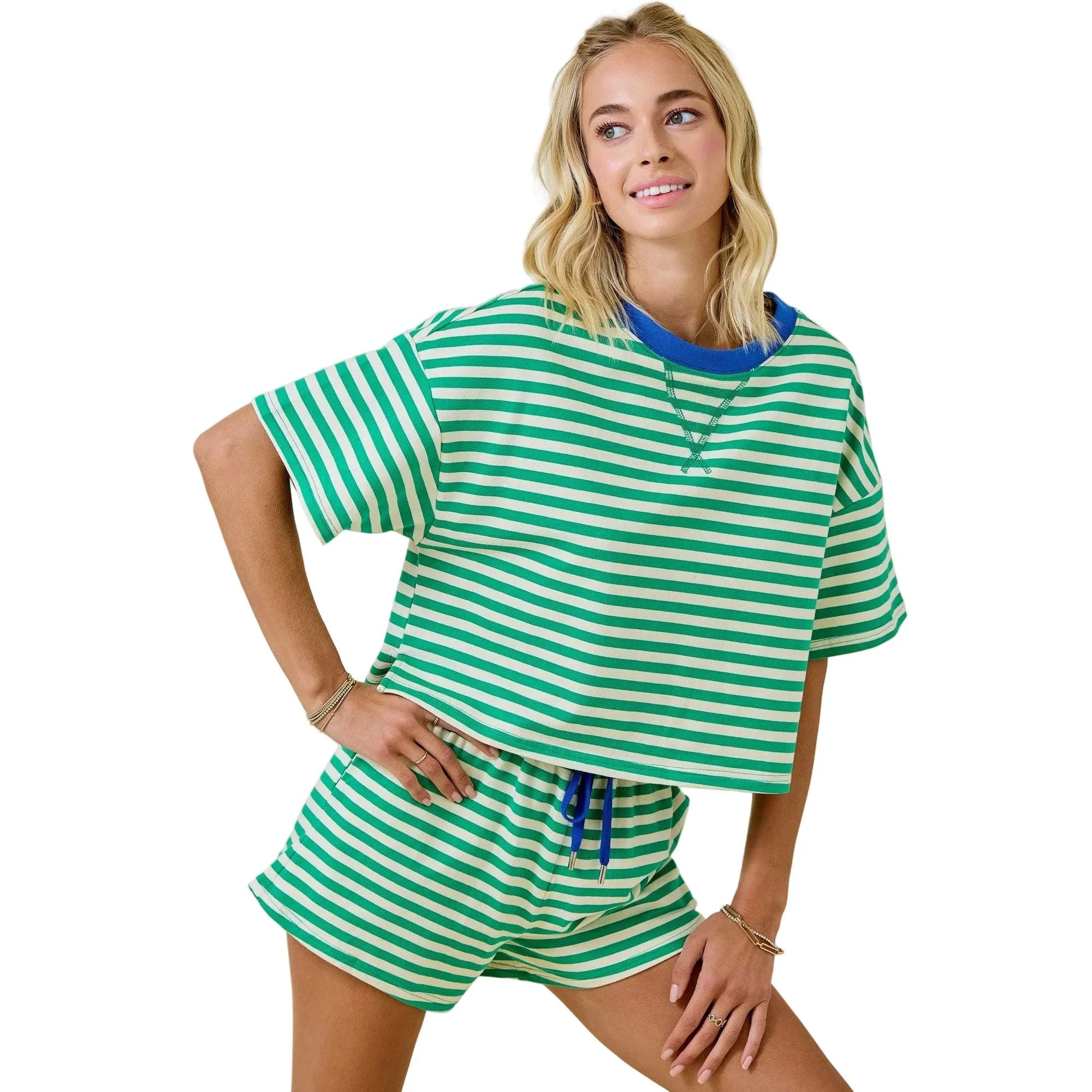 Women's Green and Blue Boxy Terry Short Sleeve Tee With Contrast Neckband A3769