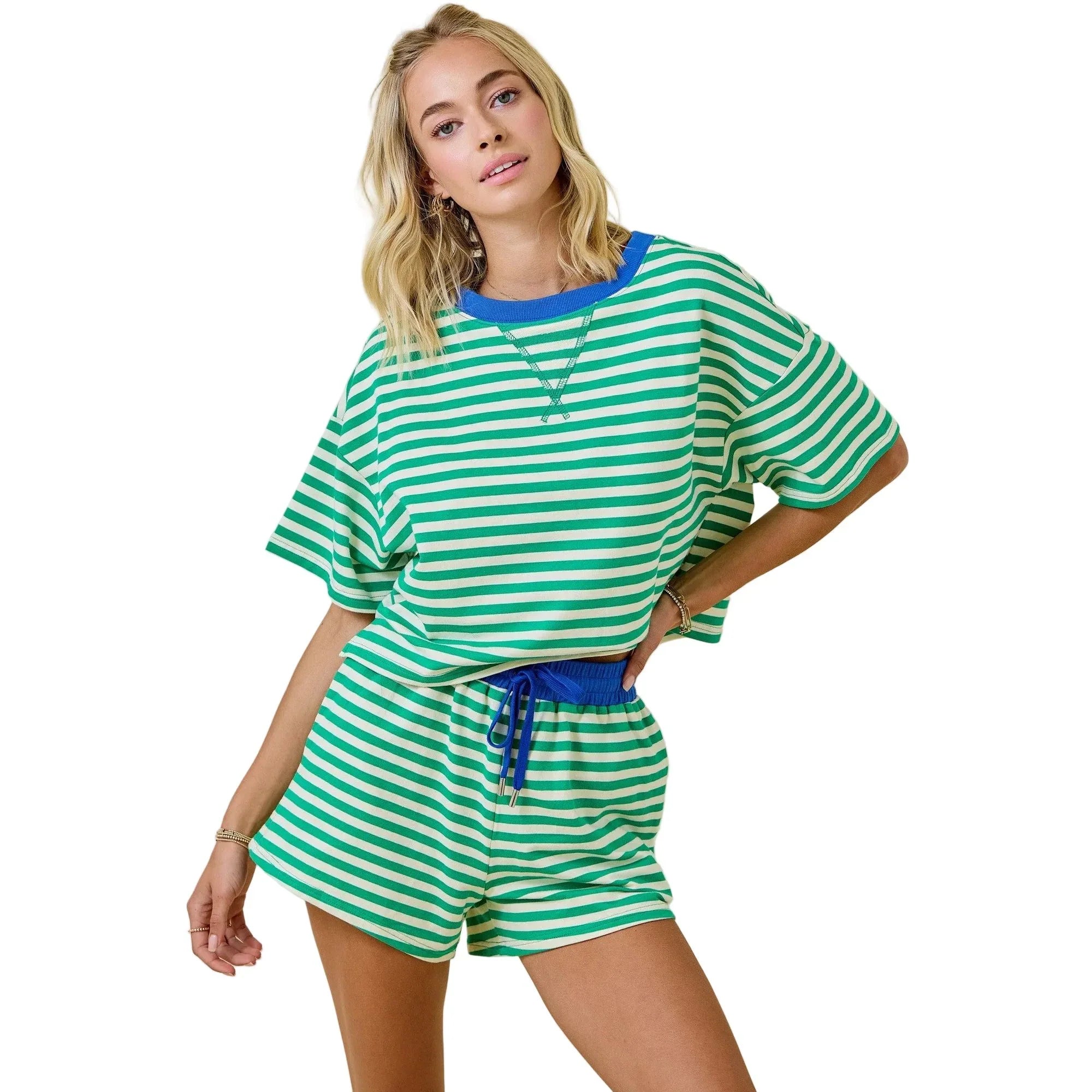 Women's Green and Blue Boxy Terry Short Sleeve Tee With Contrast Neckband A3769