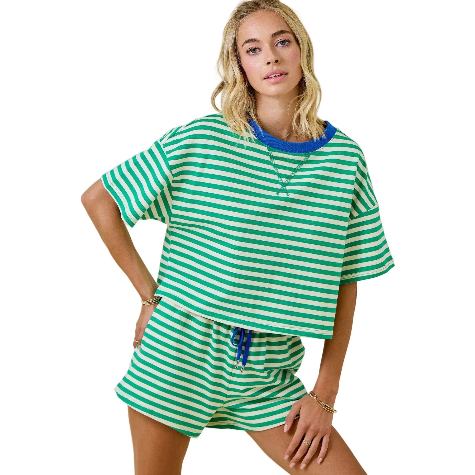 Women's Green and Blue Boxy Terry Short Sleeve Tee With Contrast Neckband A3769