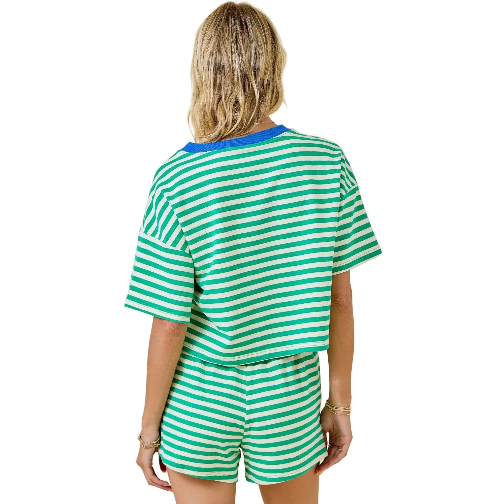 Women's Green and Blue Boxy Terry Short Sleeve Tee With Contrast Neckband A3769