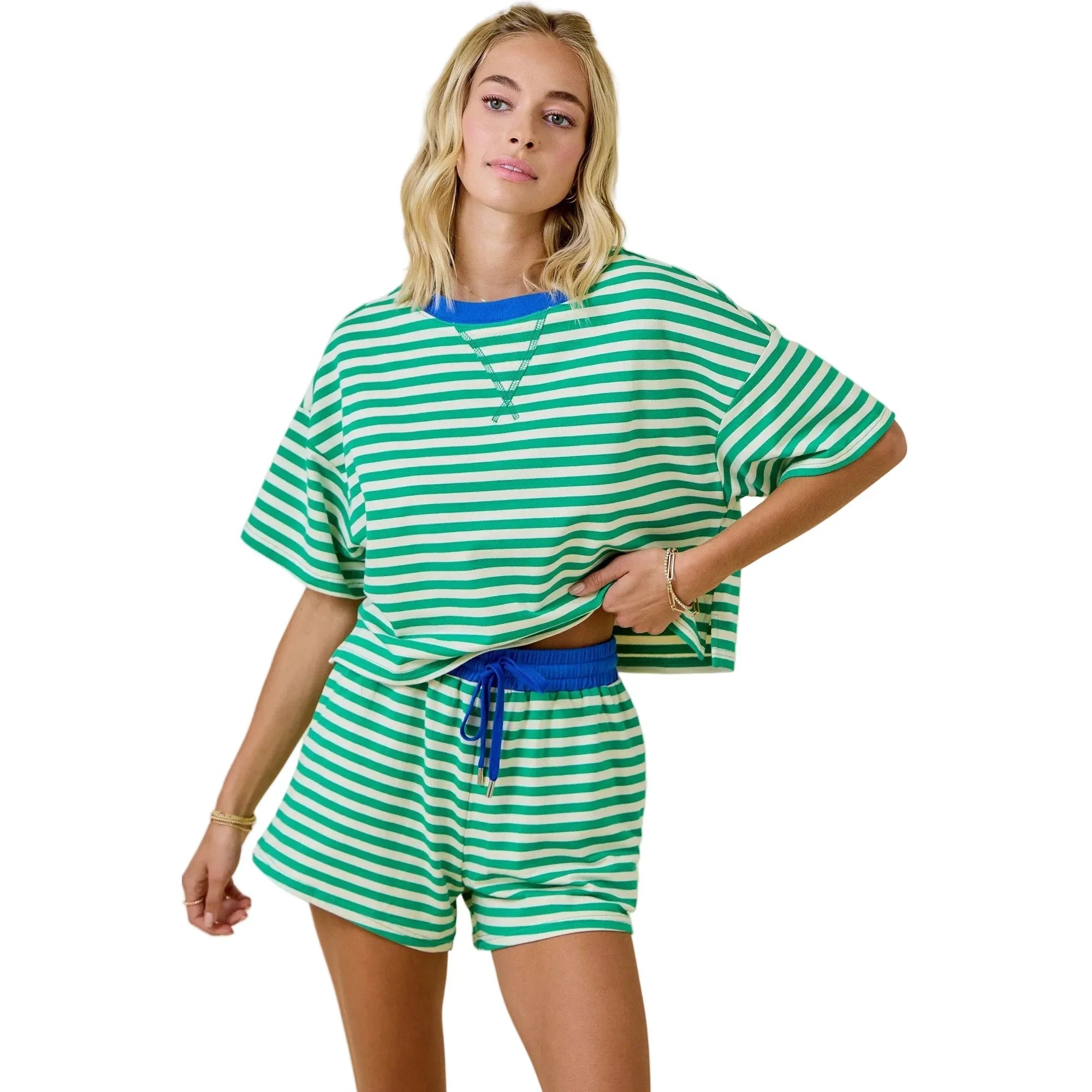 Women's Green and Blue Terry Striped Shorts With Contrasting Waistband A3927