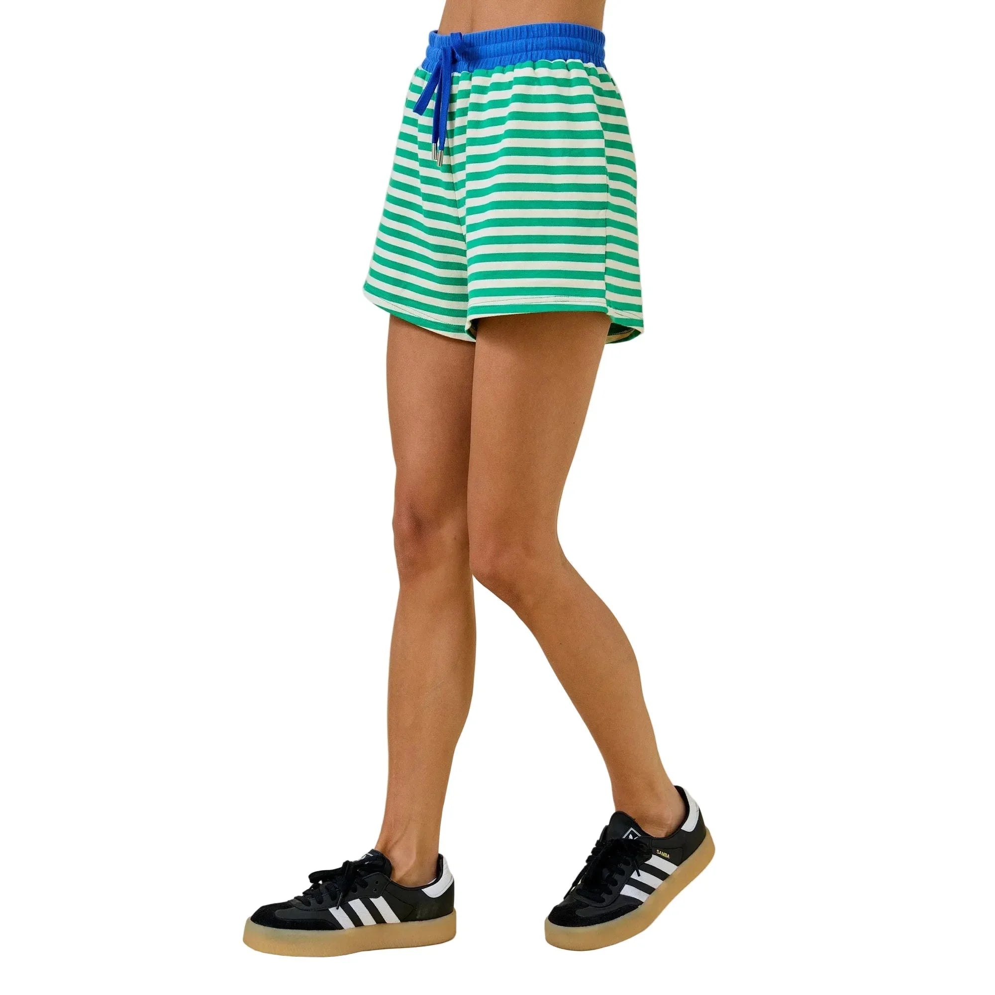 Women's Green and Blue Terry Striped Shorts With Contrasting Waistband A3927