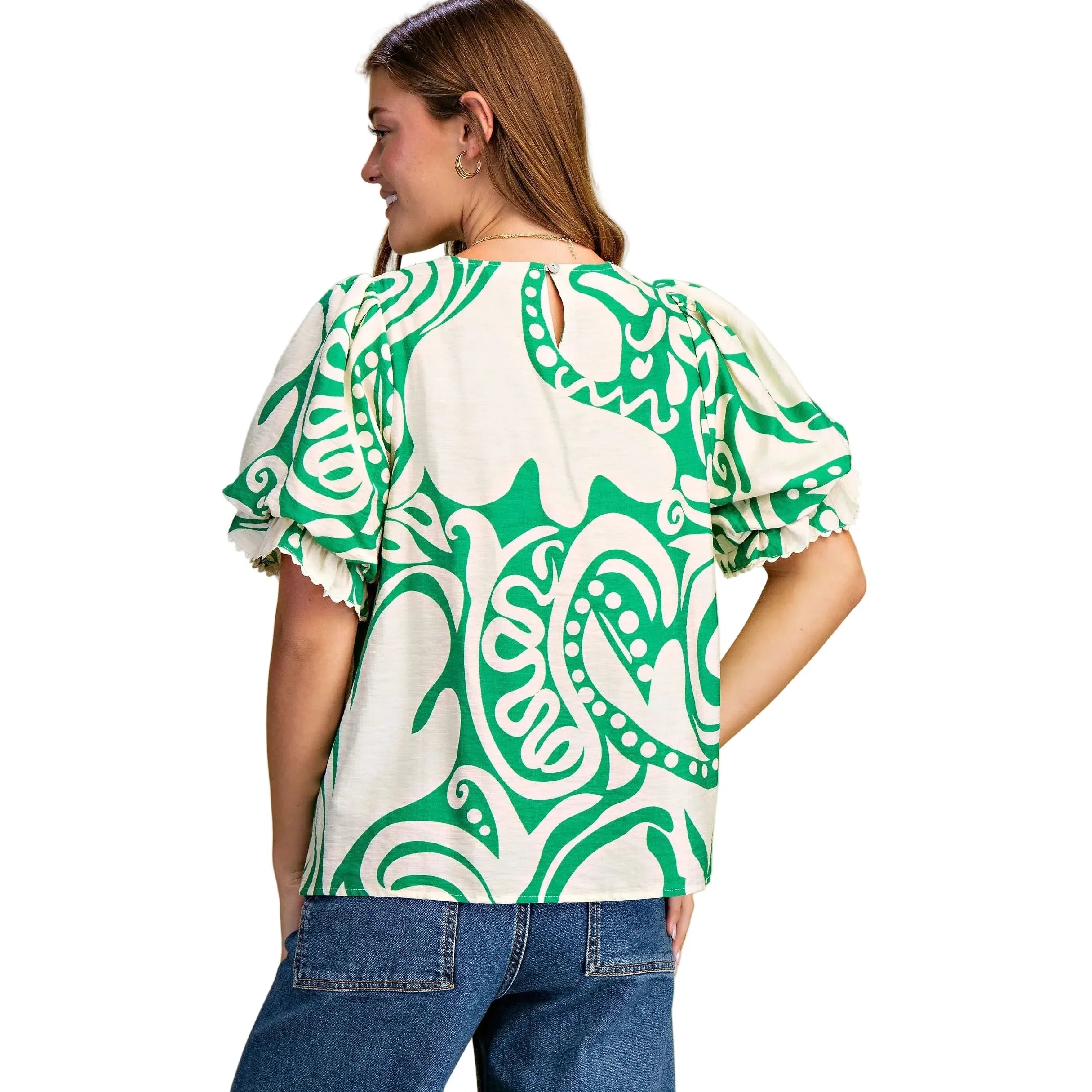 Women's Green and White Printed V-neck Blouse TY1027