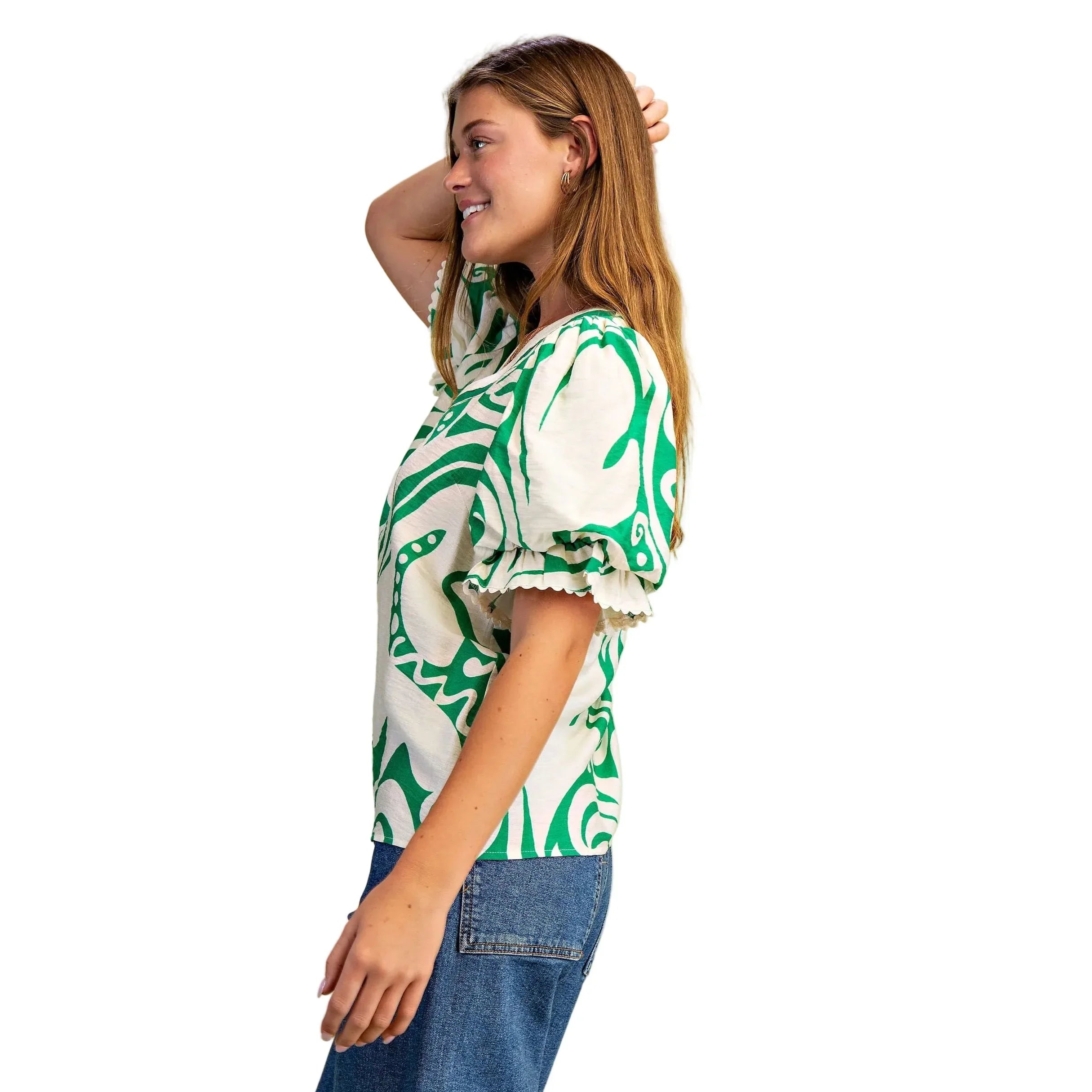 Women's Green and White Printed V-neck Blouse TY1027