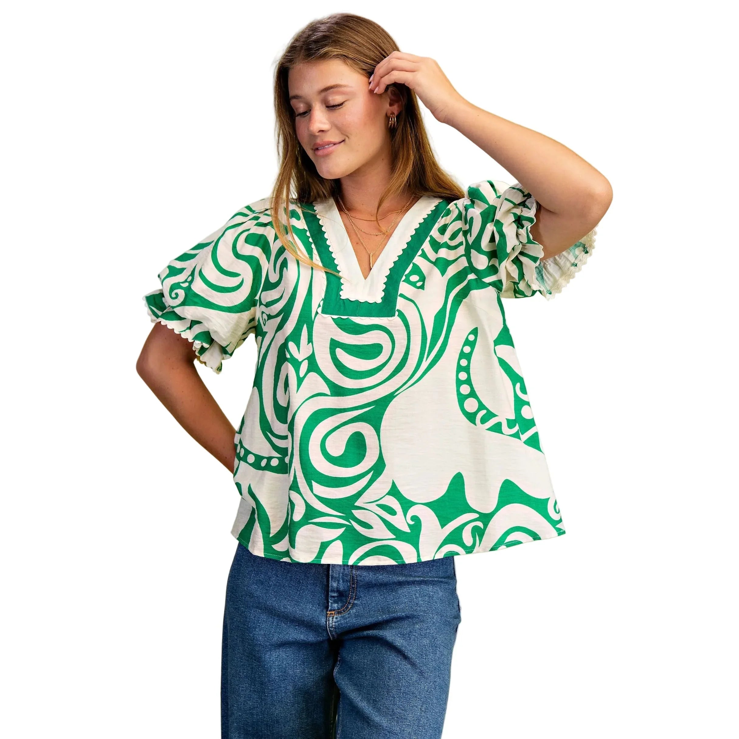Women's Green and White Printed V-neck Blouse TY1027