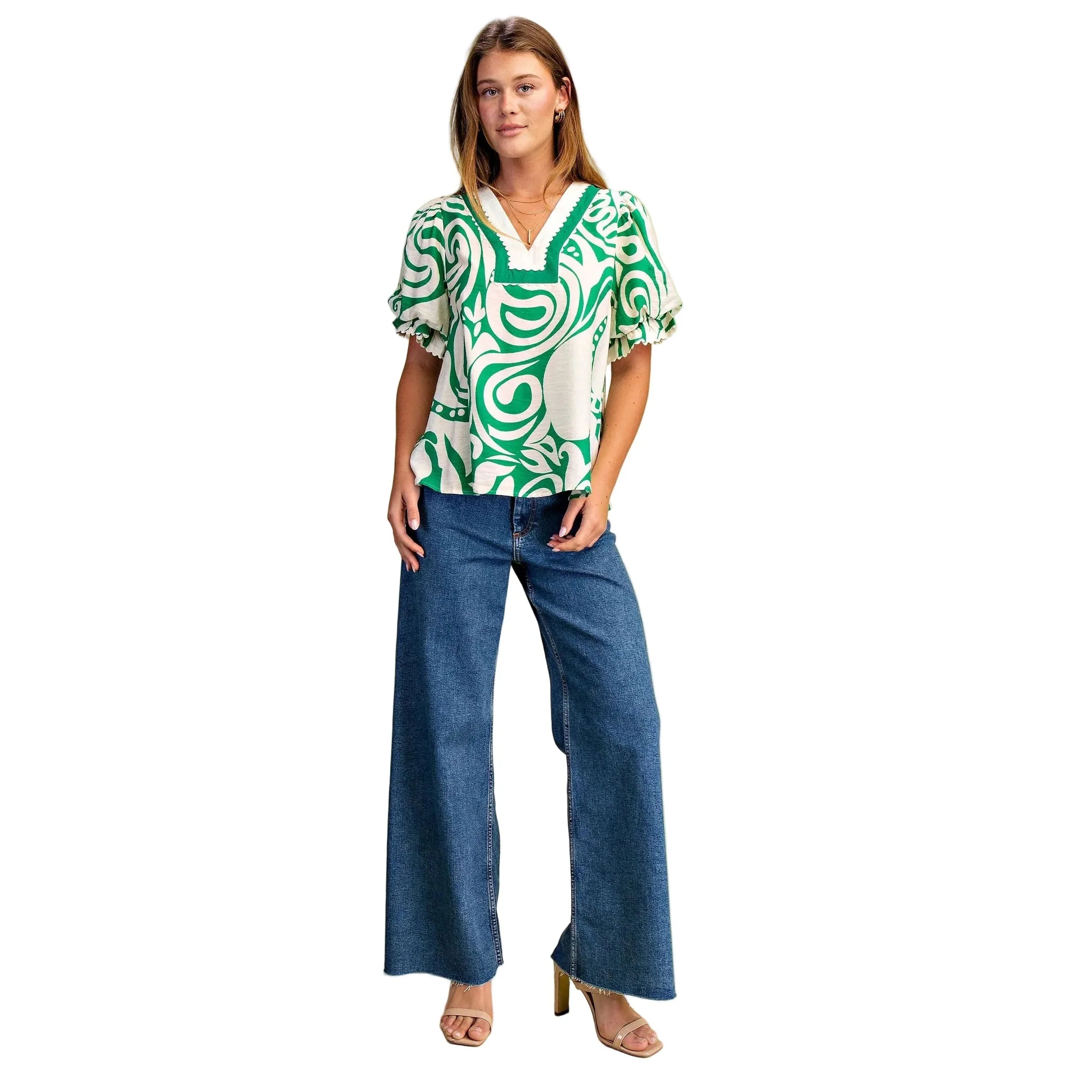Women's Green and White Printed V-neck Blouse TY1027