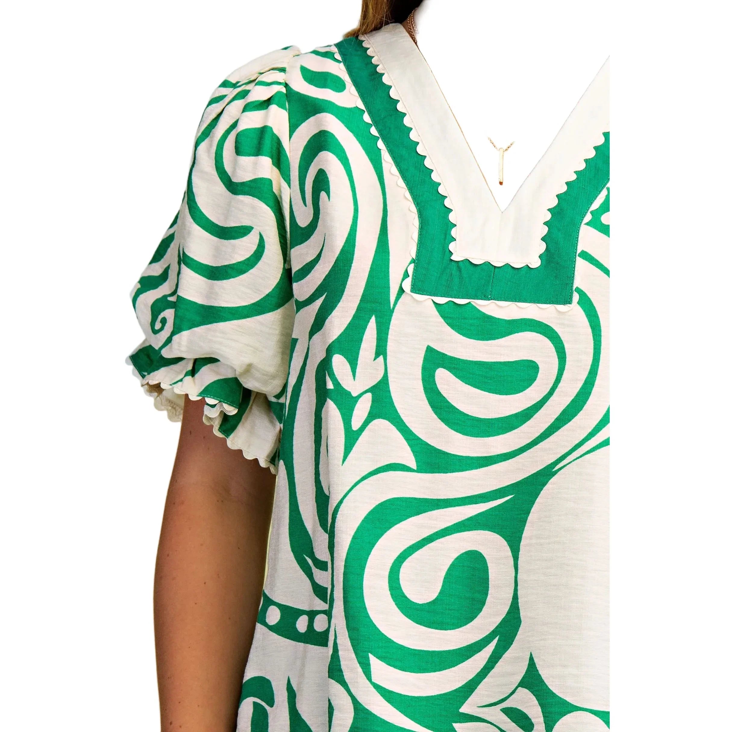 Women's Green and White Printed V-neck Blouse TY1027