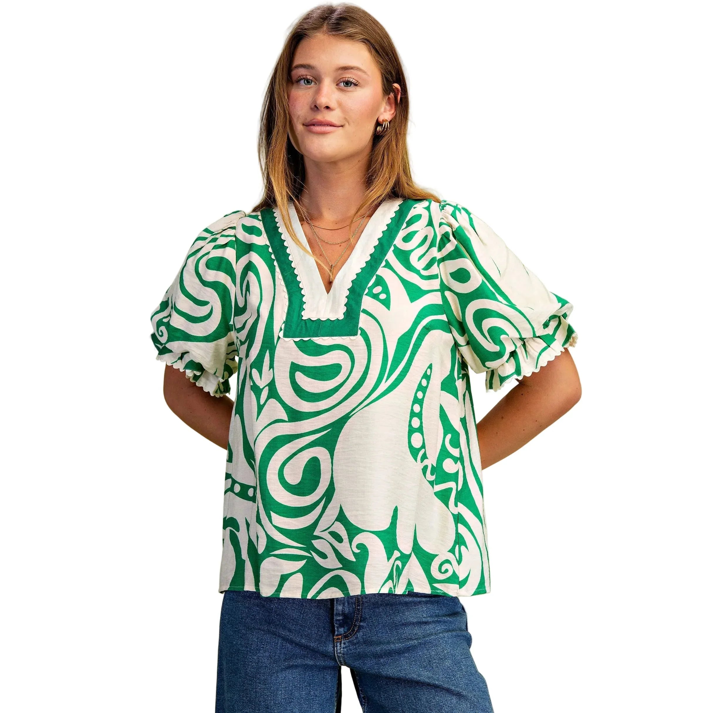 Women's Green and White Printed V-neck Blouse TY1027