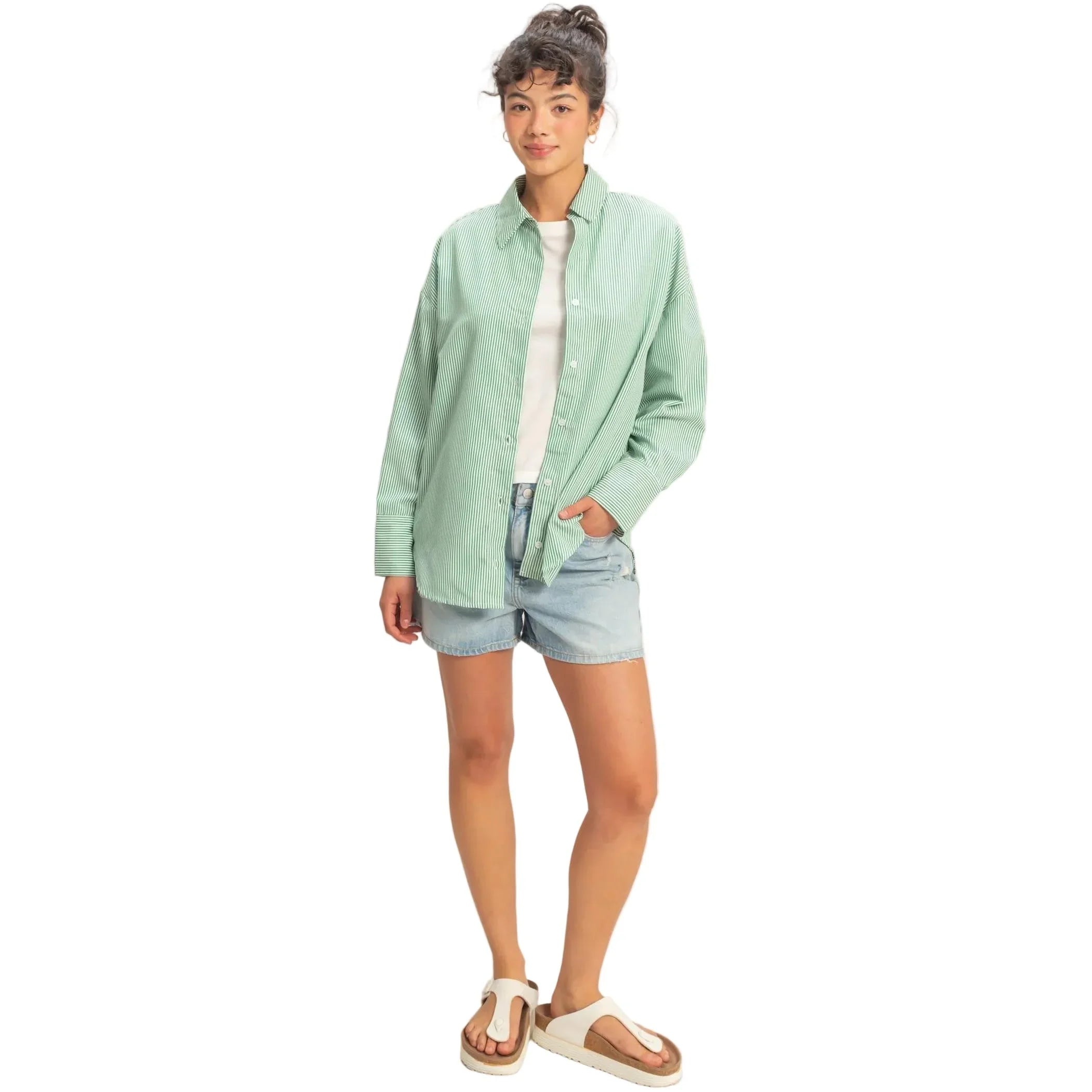Women's Green and White Striped Button-up Shirt DZ26A737