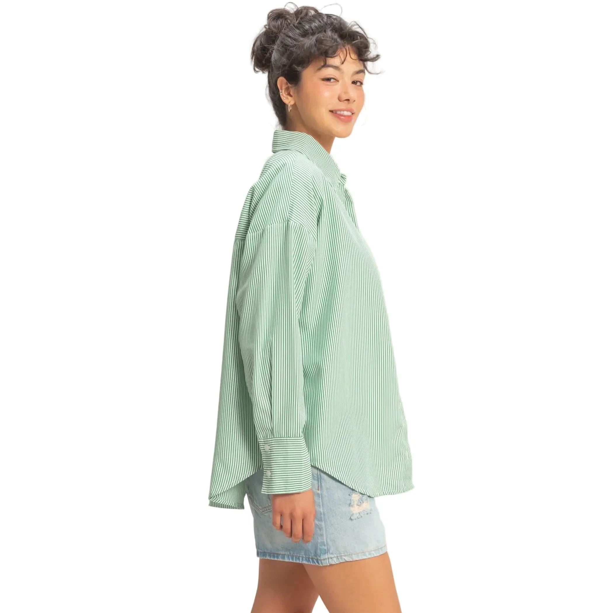 Women's Green and White Striped Button-up Shirt DZ26A737
