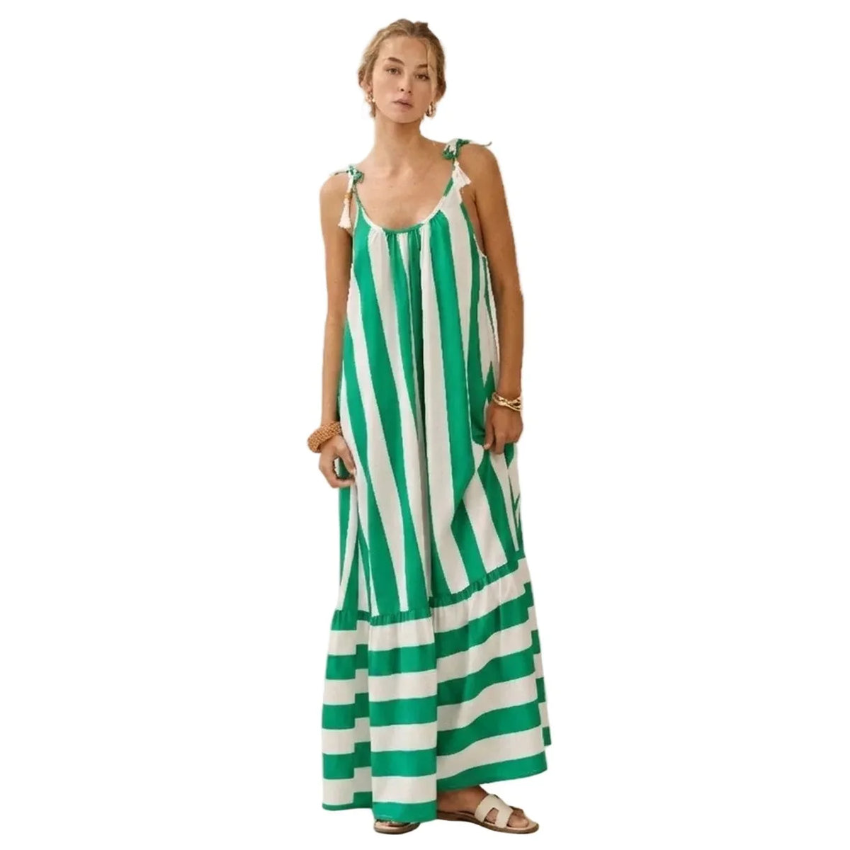 Women's Green and White Vertical Stripe Midi Dress ID19538