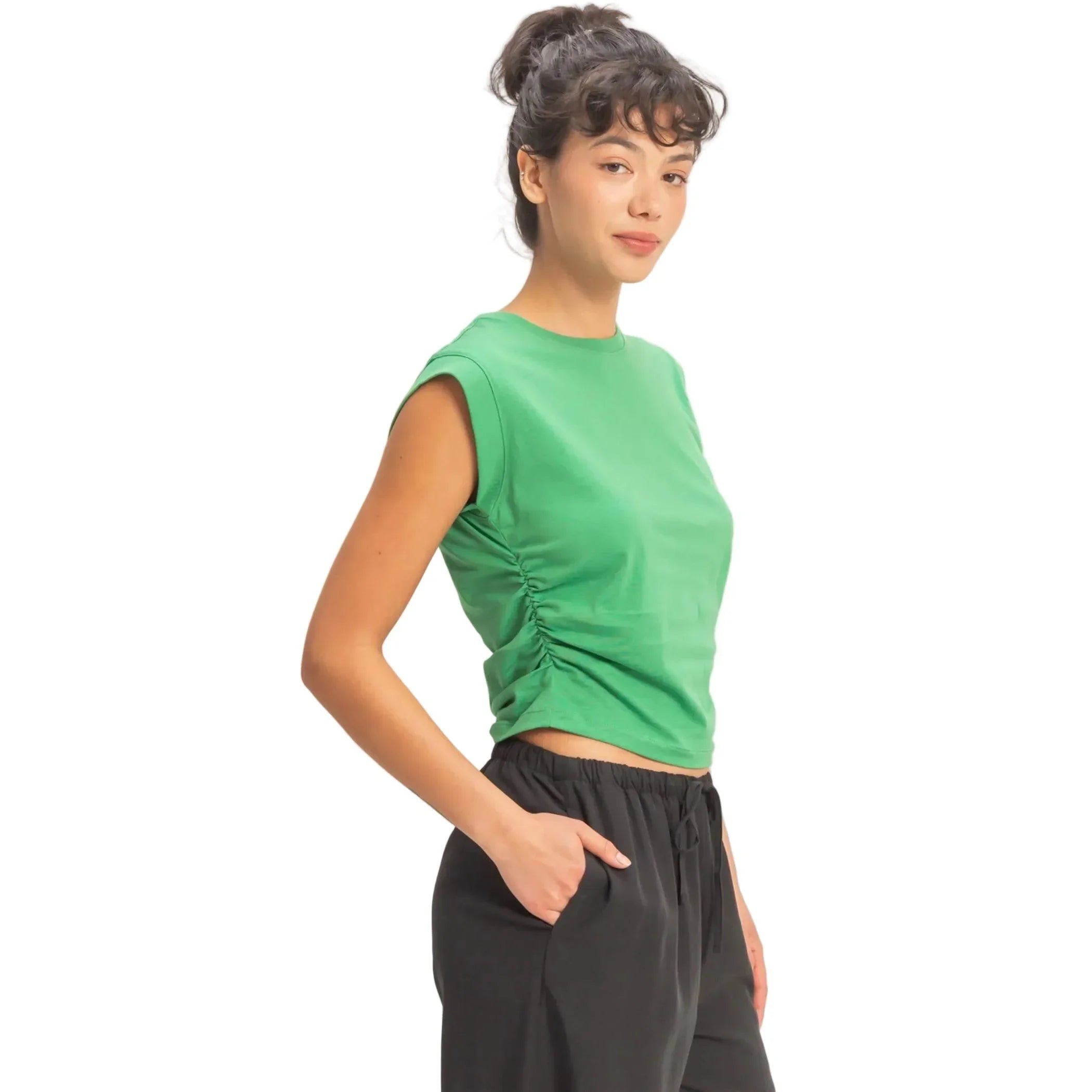 Women's Green Ruched Waist Sleeveless Cotton Top DZ26C520