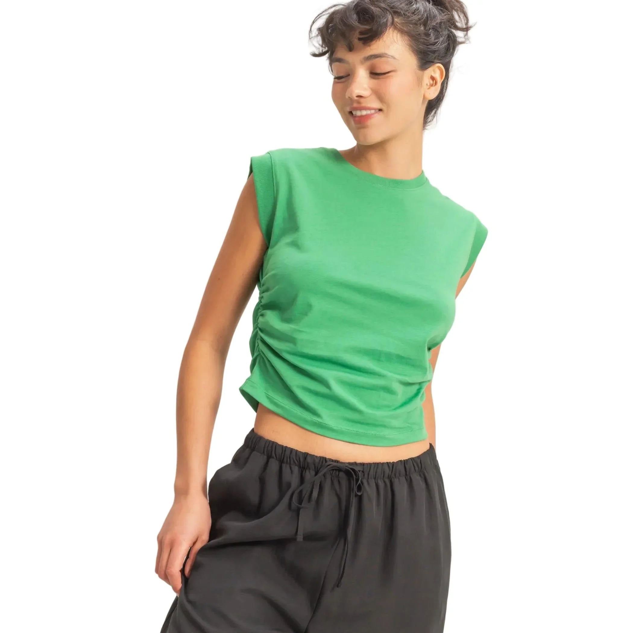 Women's Green Ruched Waist Sleeveless Cotton Top DZ26C520