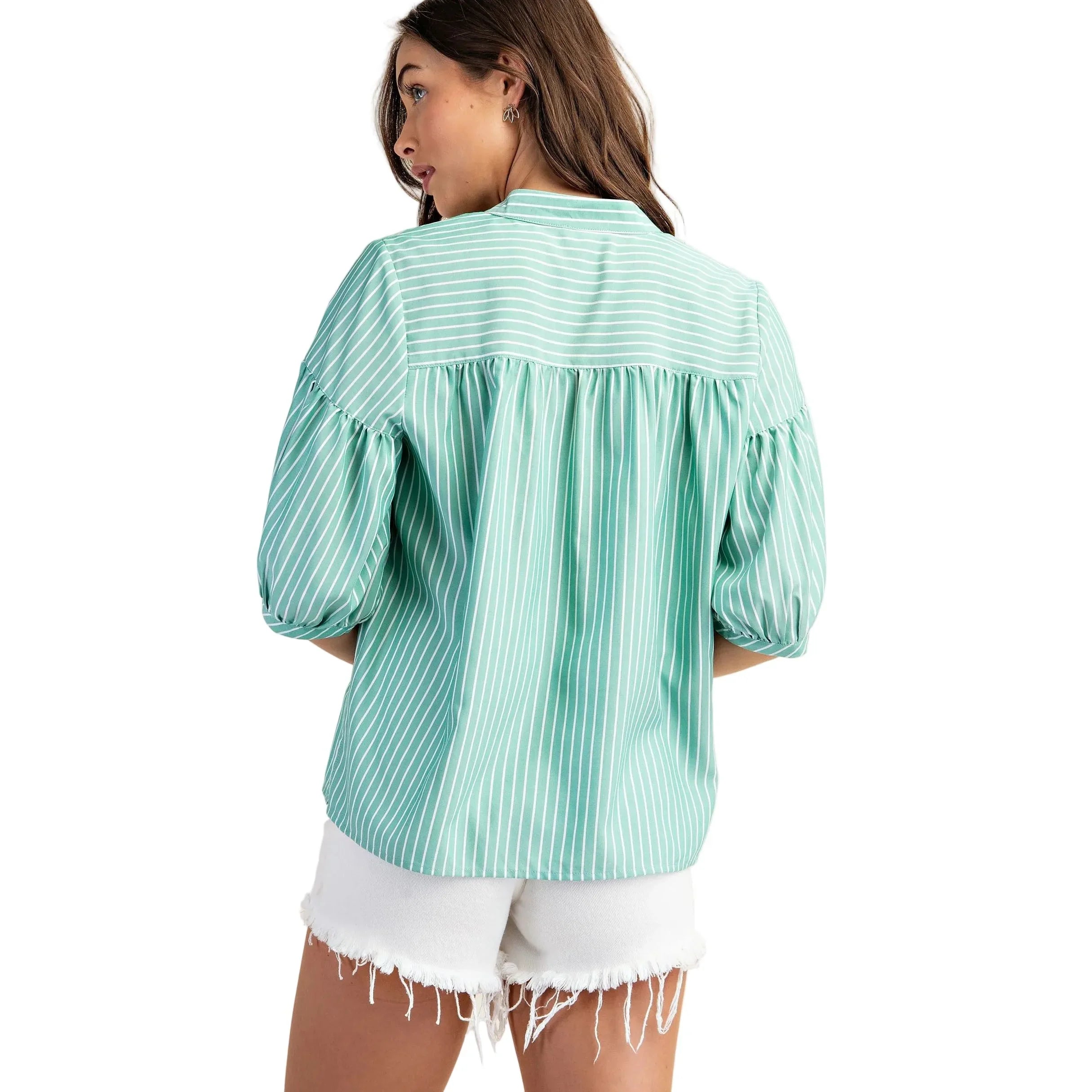 Women's Green Striped Blouse with Quarter Length Bubble Sleeves PM1085