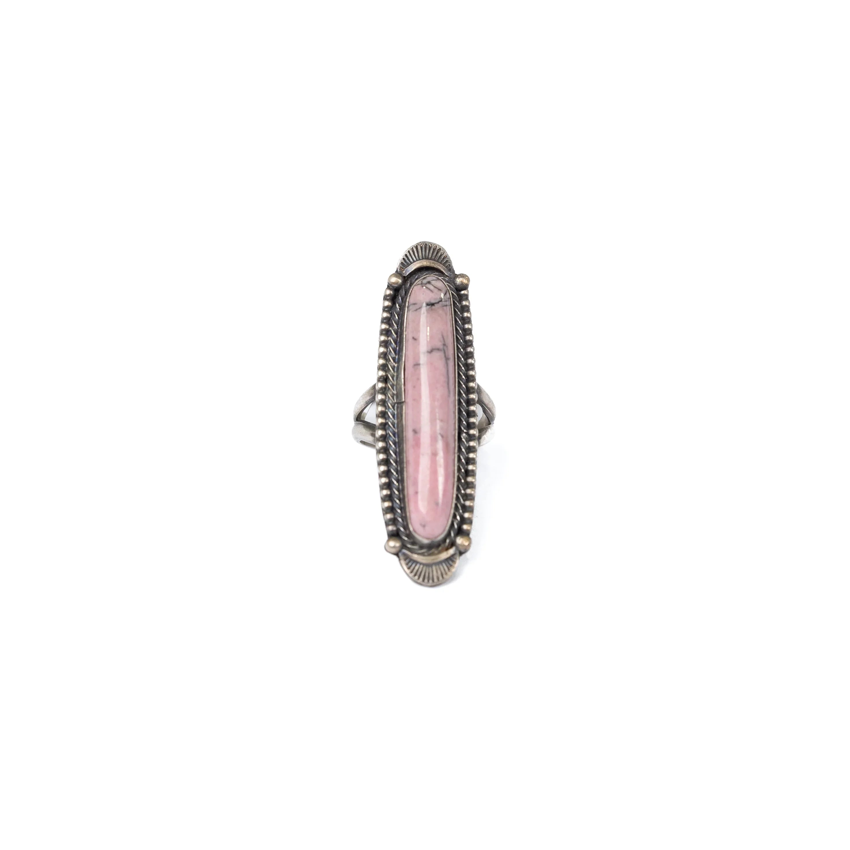 Women's Handmade Long Pink and Silver Oval Ring
