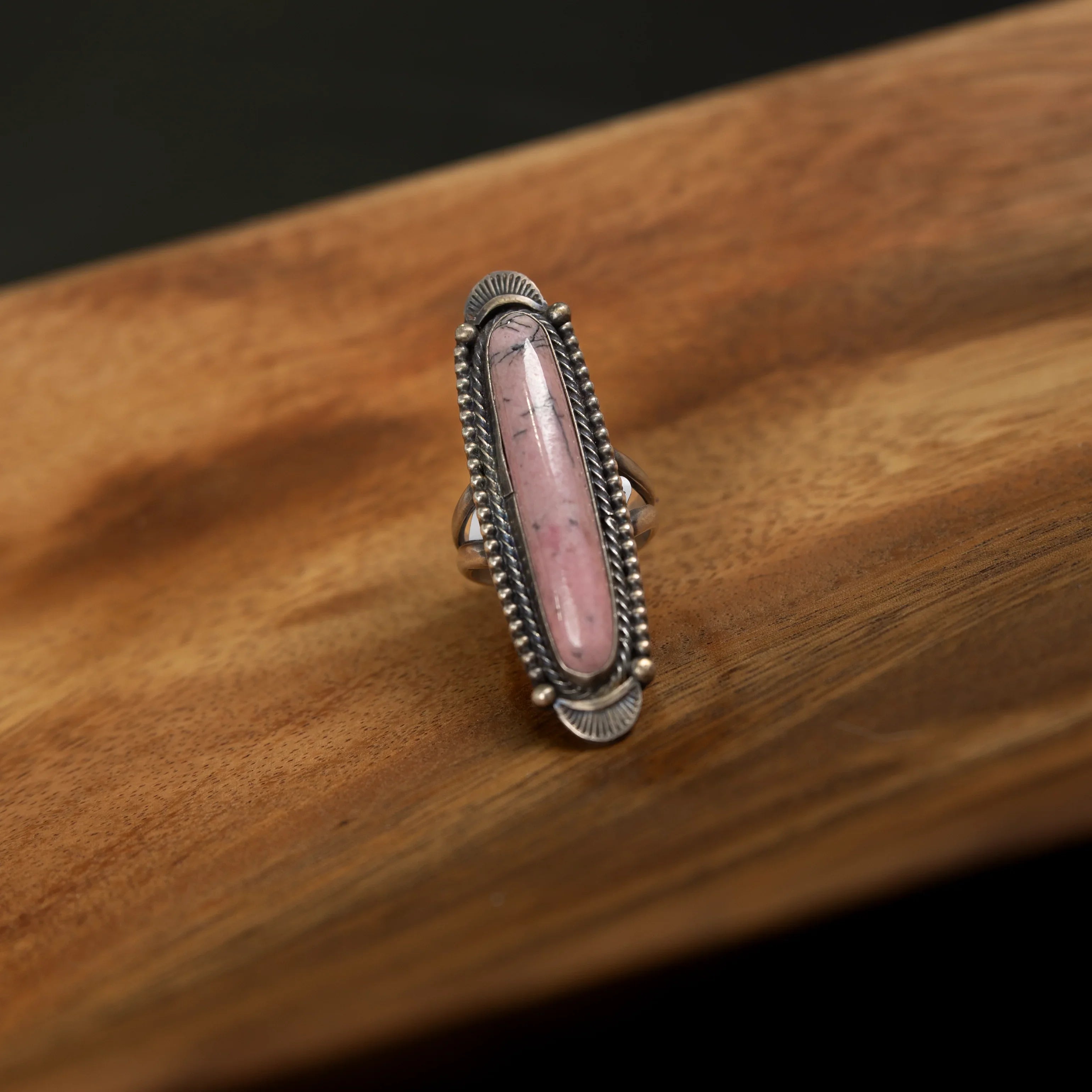 Women's Handmade Long Pink and Silver Oval Ring