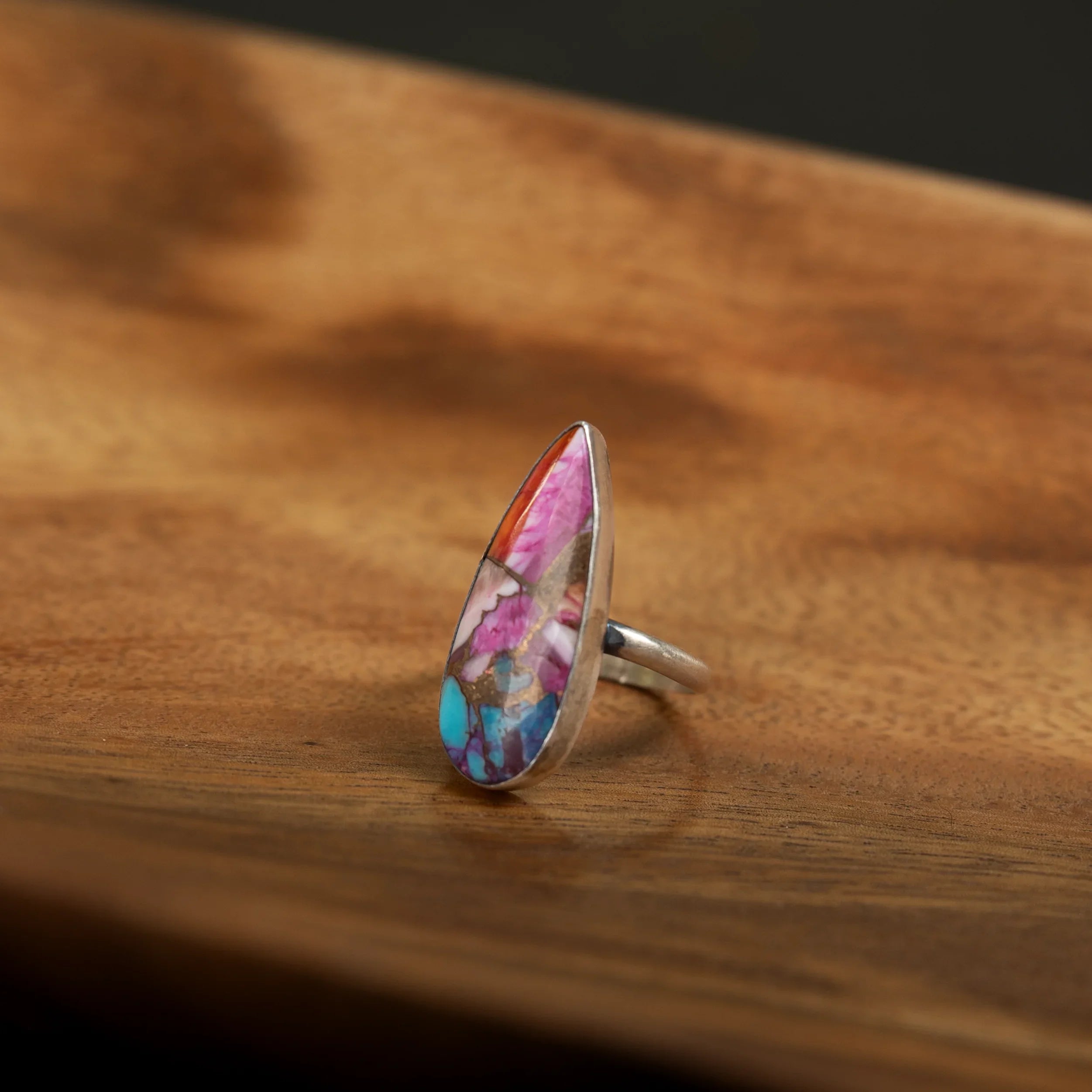 Women's Handmade Pink Blue and Purple Teardrop Ring