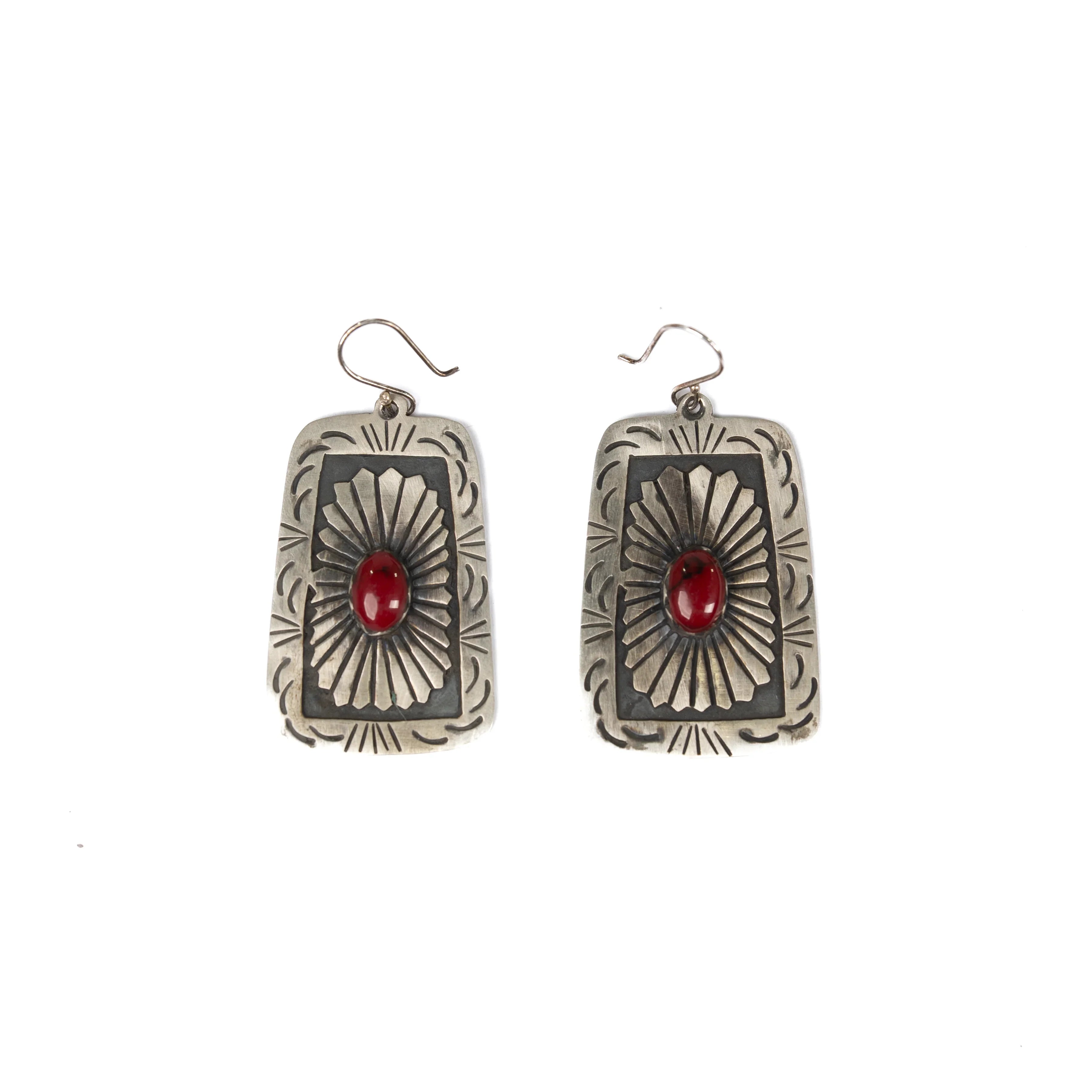 Women's Handmade Silver and Red Matte Concho Dangle Earrings
